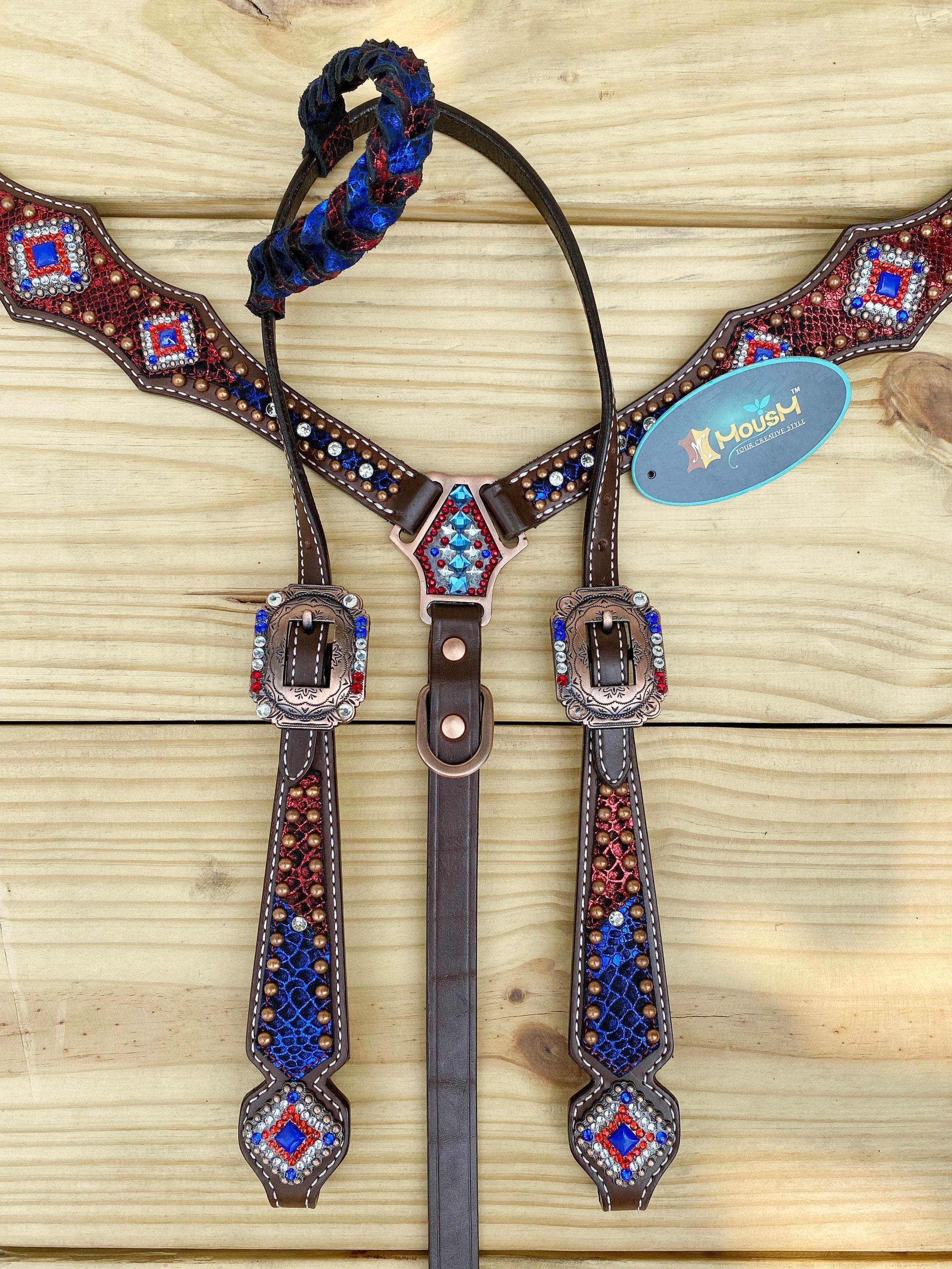 MOUSM 4th of July Western Headstall & Breast Collar Set – Patriotic Headstall Tack Decorated With Snake-Textured Leather, Shining USA Flag Color Inlay, Copper Studs, and Sparkling Rhinestones