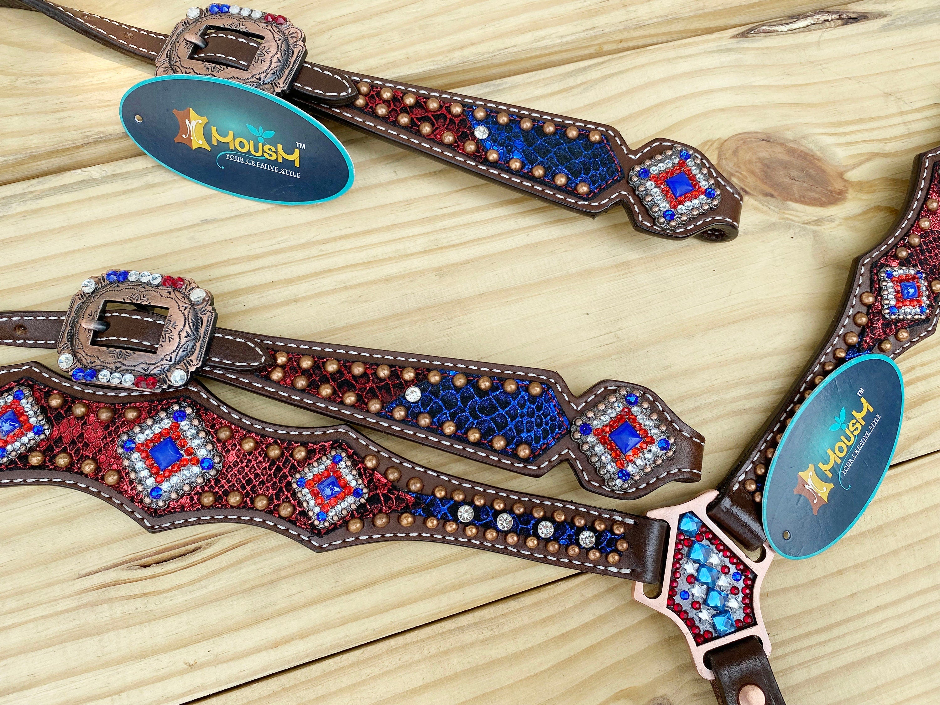 MOUSM 4th of July Western Headstall & Breast Collar Set – Patriotic Headstall Tack Decorated With Snake-Textured Leather, Shining USA Flag Color Inlay, Copper Studs, and Sparkling Rhinestones