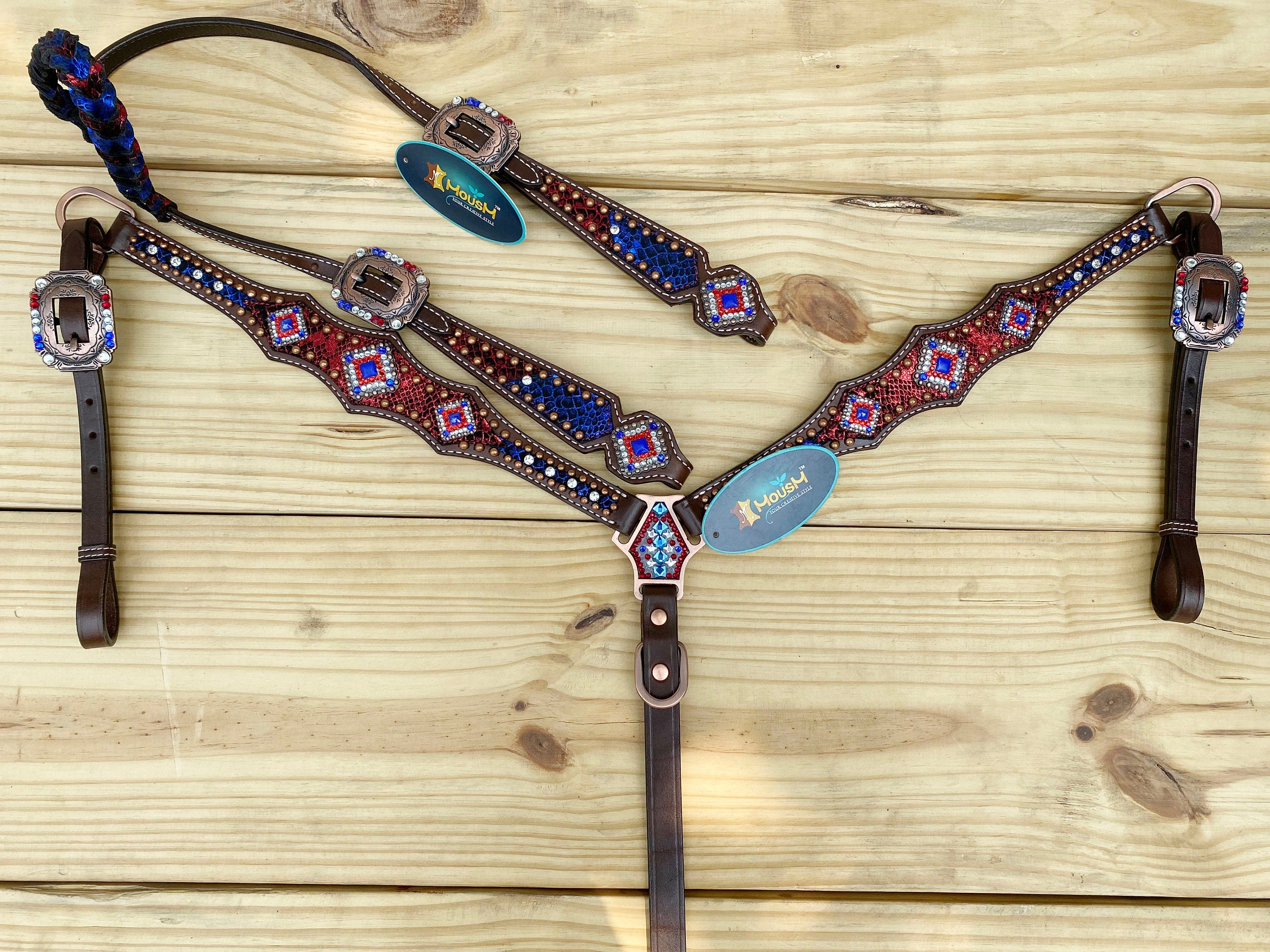 MOUSM 4th of July Western Headstall & Breast Collar Set – Patriotic Headstall Tack Decorated With Snake-Textured Leather, Shining USA Flag Color Inlay, Copper Studs, and Sparkling Rhinestones