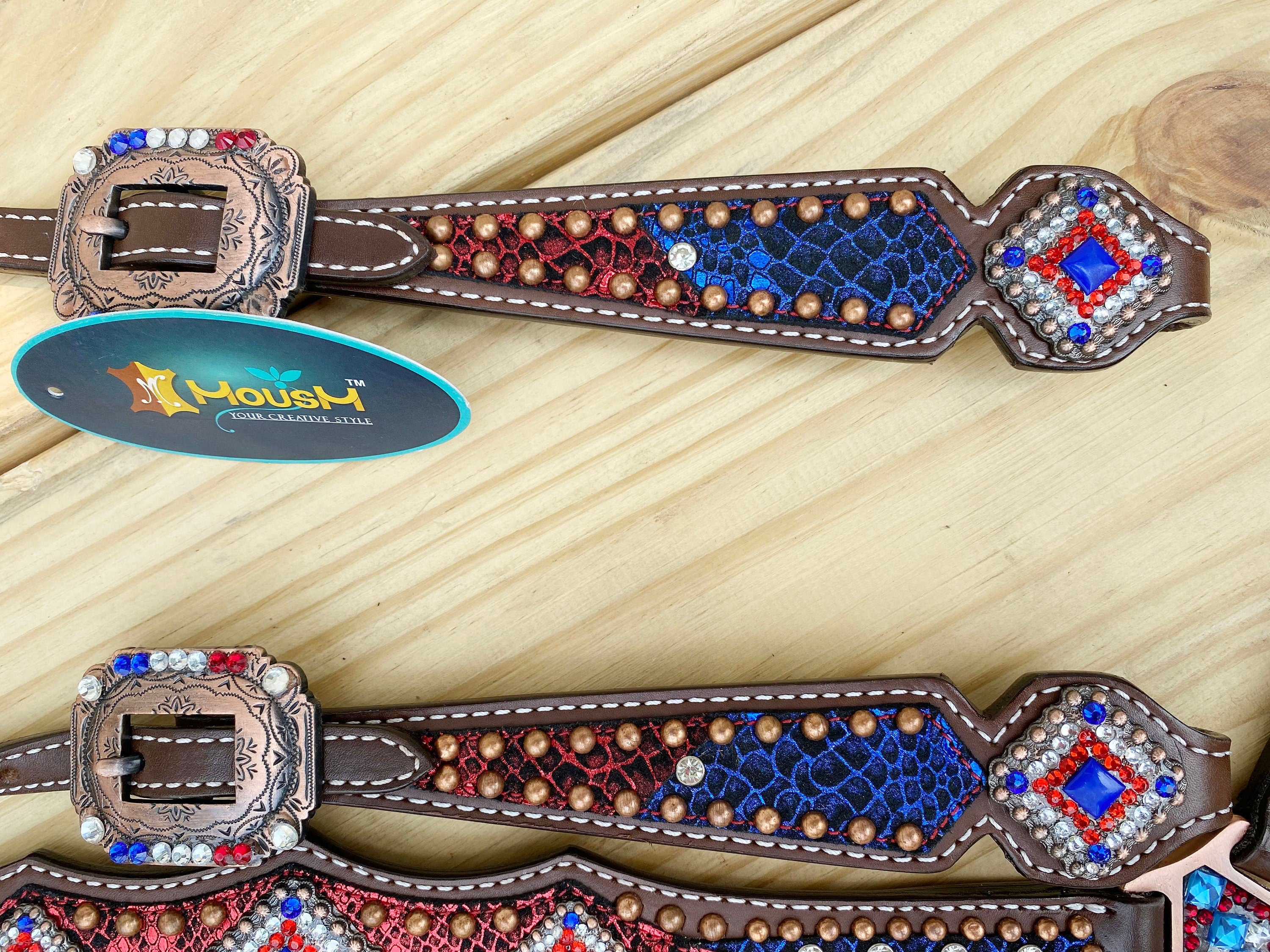 MOUSM 4th of July Western Headstall & Breast Collar Set – Patriotic Headstall Tack Decorated With Snake-Textured Leather, Shining USA Flag Color Inlay, Copper Studs, and Sparkling Rhinestones