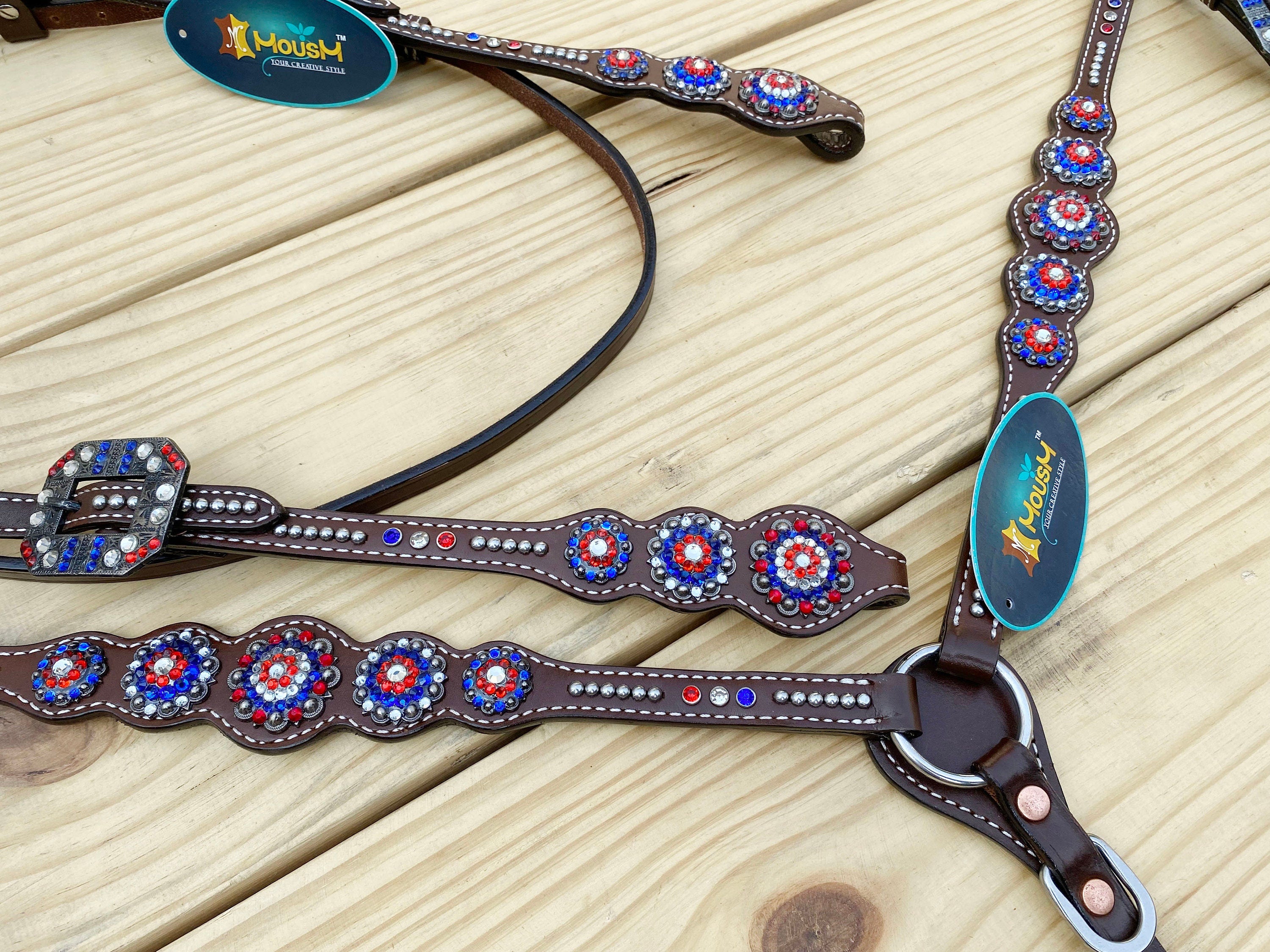 MOUSM 4th of July Western Headstall & Breast Collar Set – Independence Western Headstall Tack with Classy Look Patriotic USA Flag Design