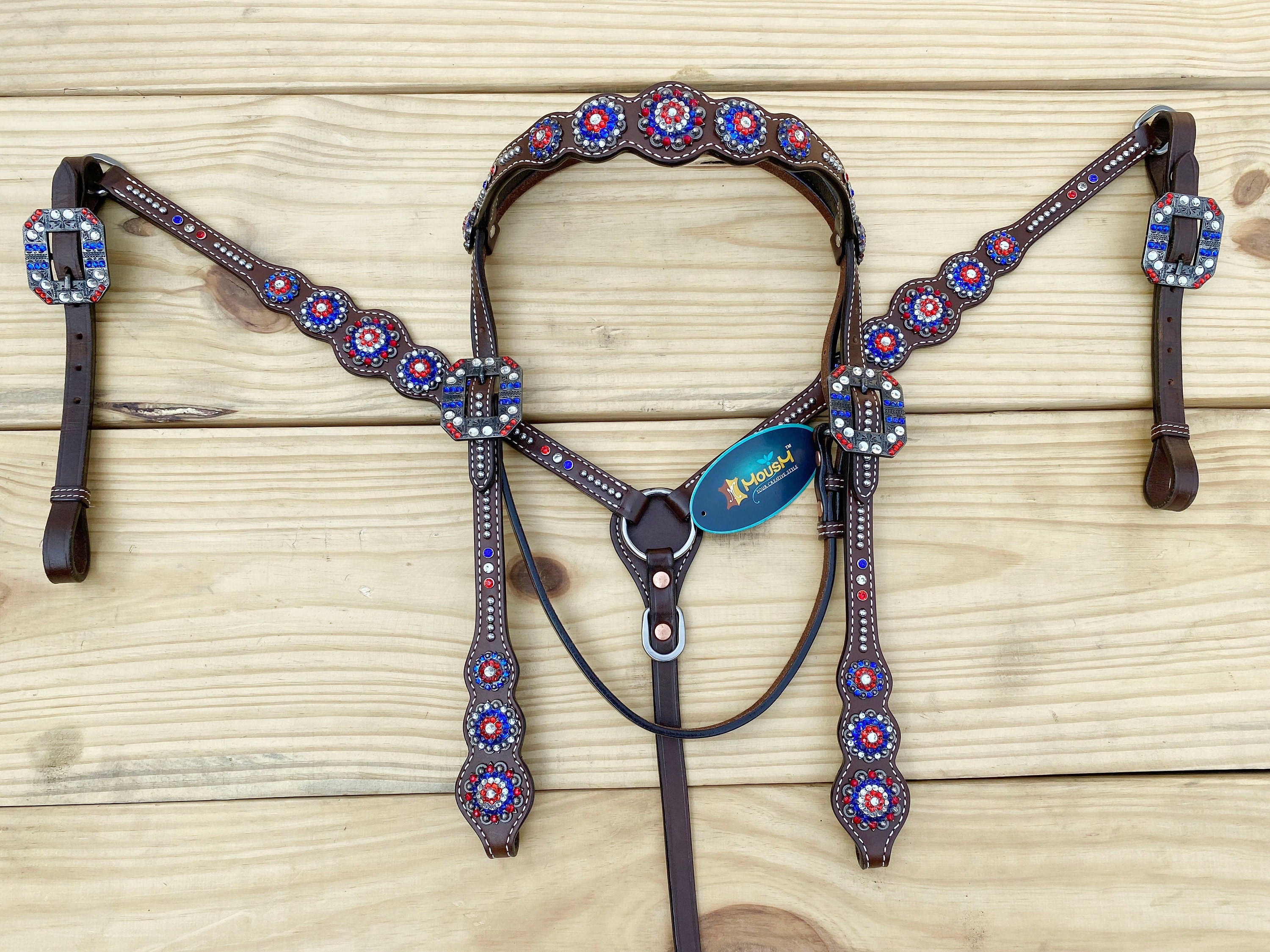 MOUSM 4th of July Western Headstall & Breast Collar Set – Independence Western Headstall Tack with Classy Look Patriotic USA Flag Design