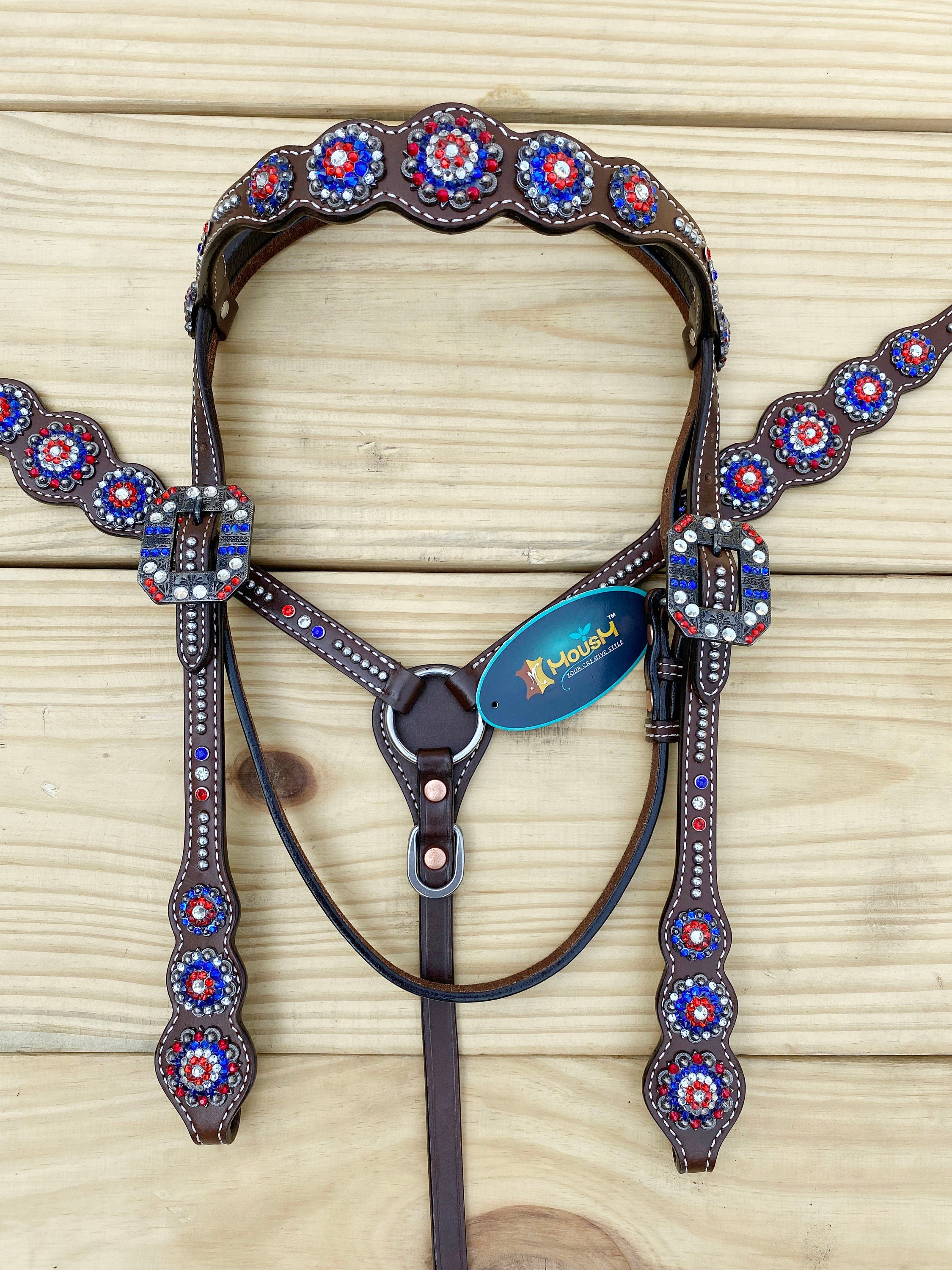 MOUSM 4th of July Western Headstall & Breast Collar Set – Independence Western Headstall Tack with Classy Look Patriotic USA Flag Design