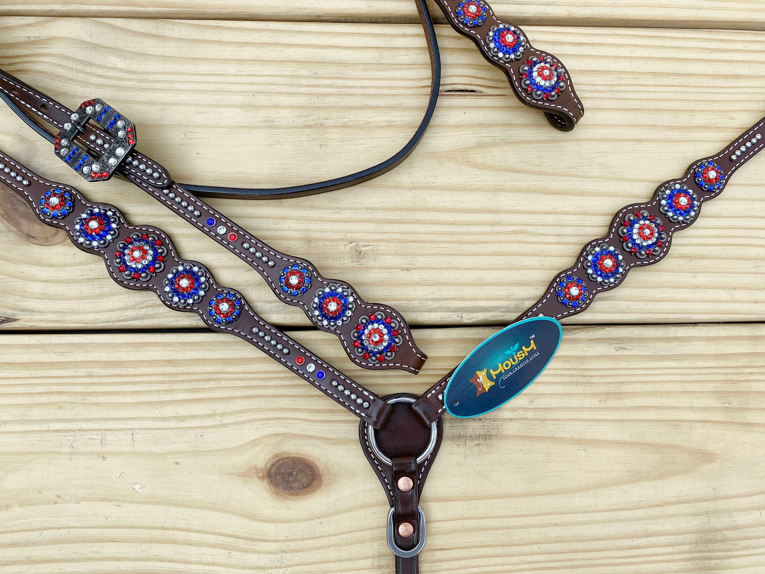 MOUSM 4th of July Western Headstall & Breast Collar Set – Independence Western Headstall Tack with Classy Look Patriotic USA Flag Design