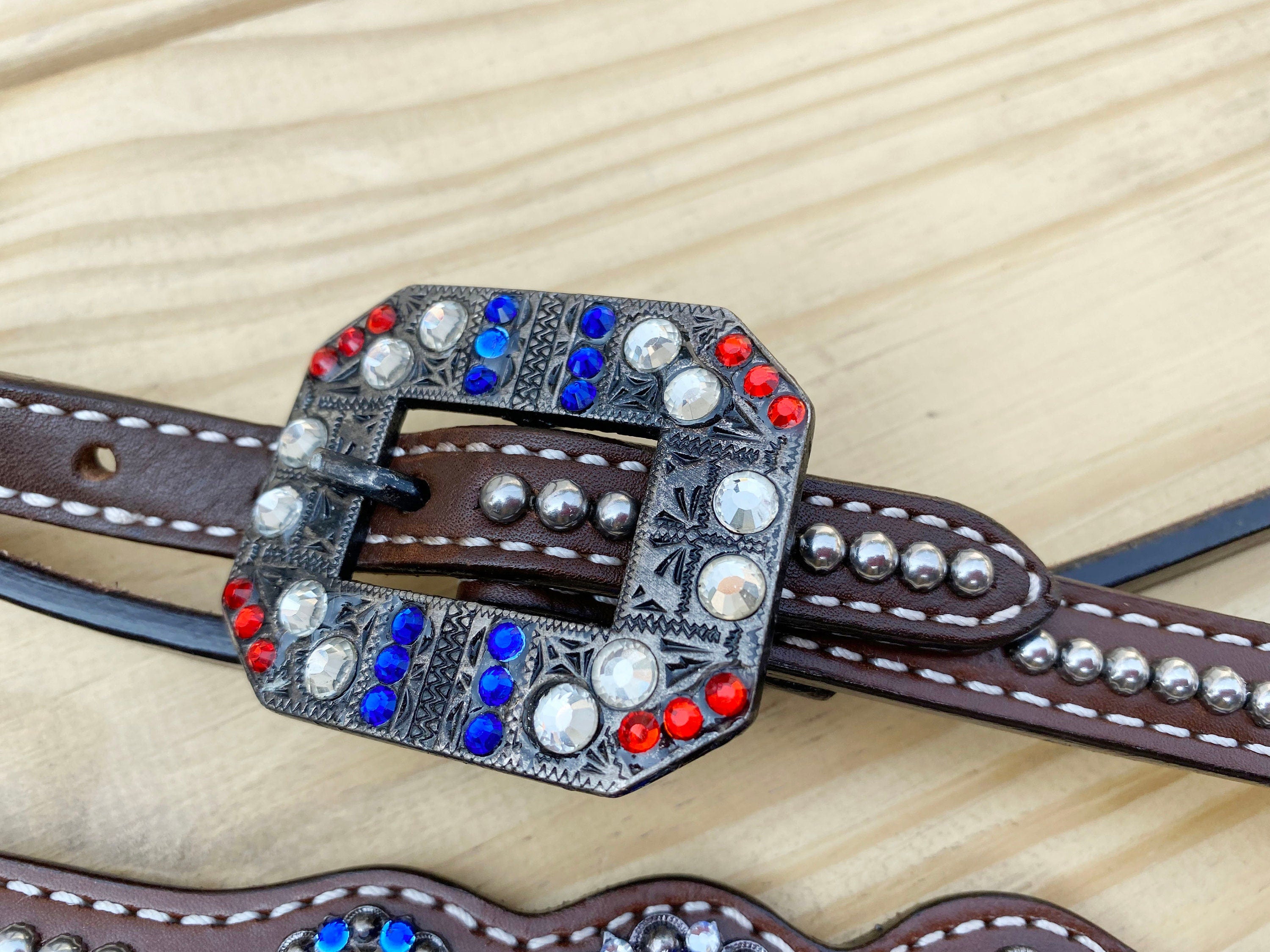 MOUSM 4th of July Western Headstall & Breast Collar Set – Independence Western Headstall Tack with Classy Look Patriotic USA Flag Design