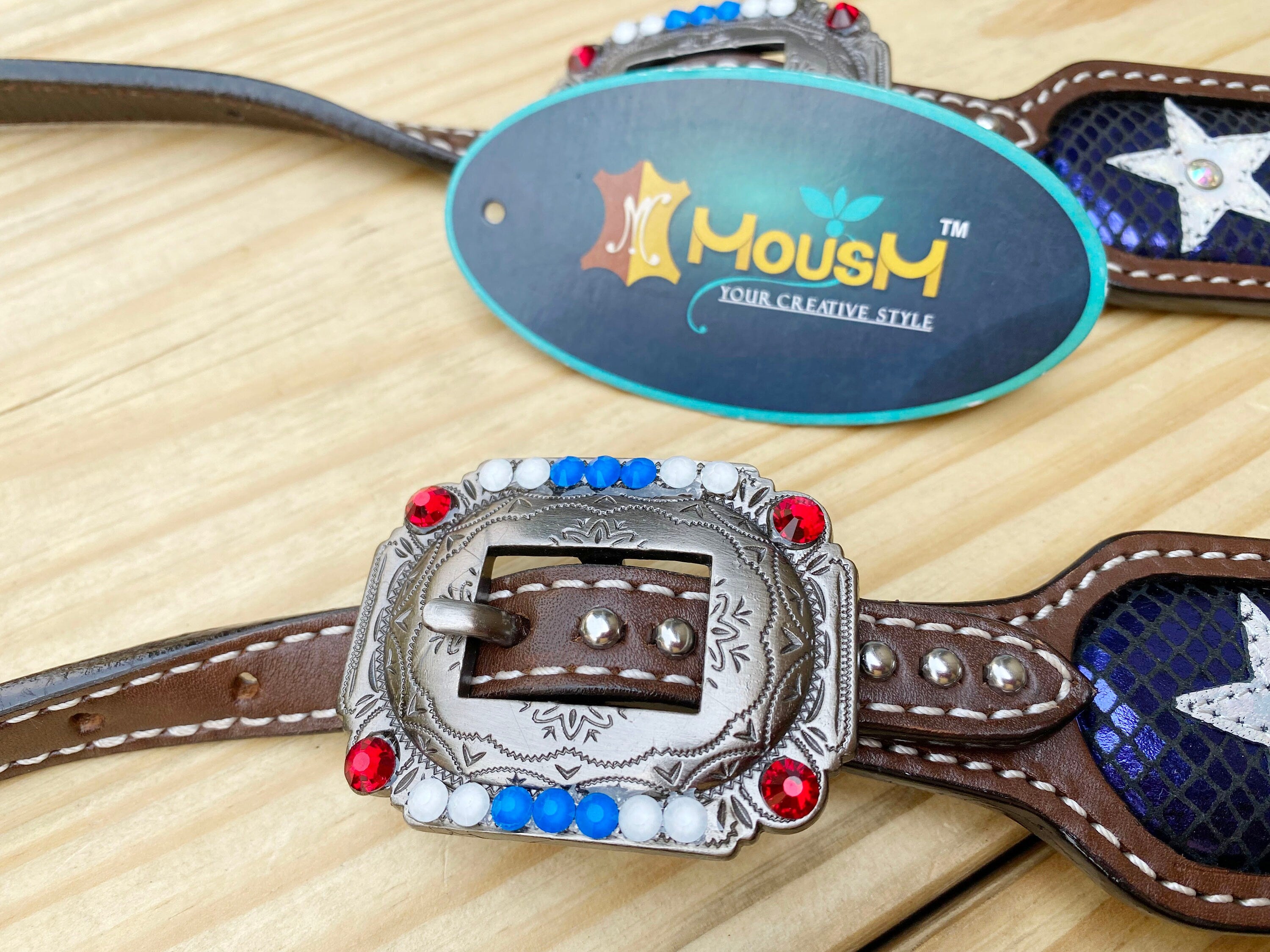 MOUSM 4th of July Western Bridles and Headstalls Set – Western Horse Tack Set Patriotic USA Flag Design with Red Fringe & Star Inlay