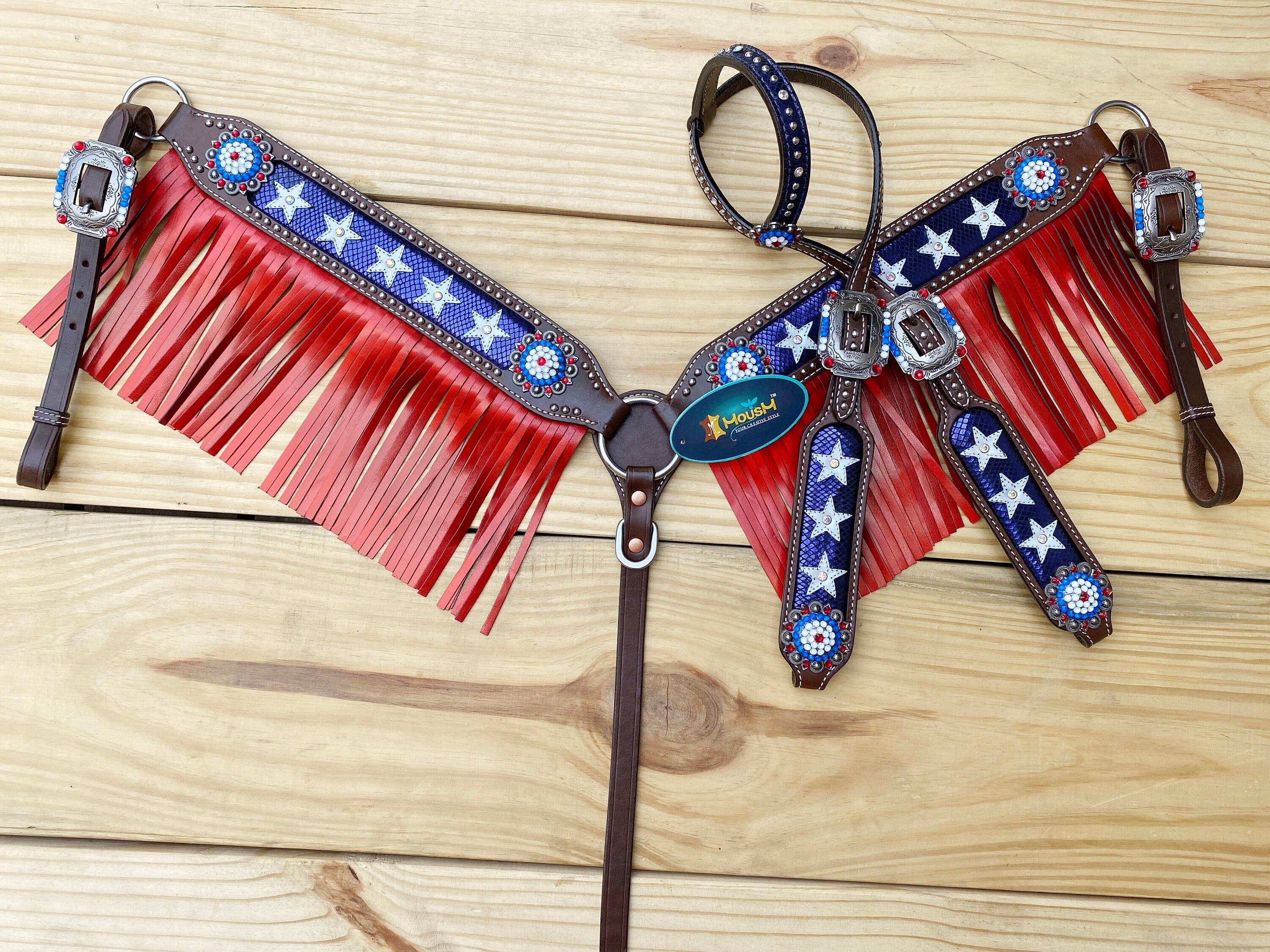 MOUSM 4th of July Western Bridles and Headstalls Set – Western Horse Tack Set Patriotic USA Flag Design with Red Fringe & Star Inlay