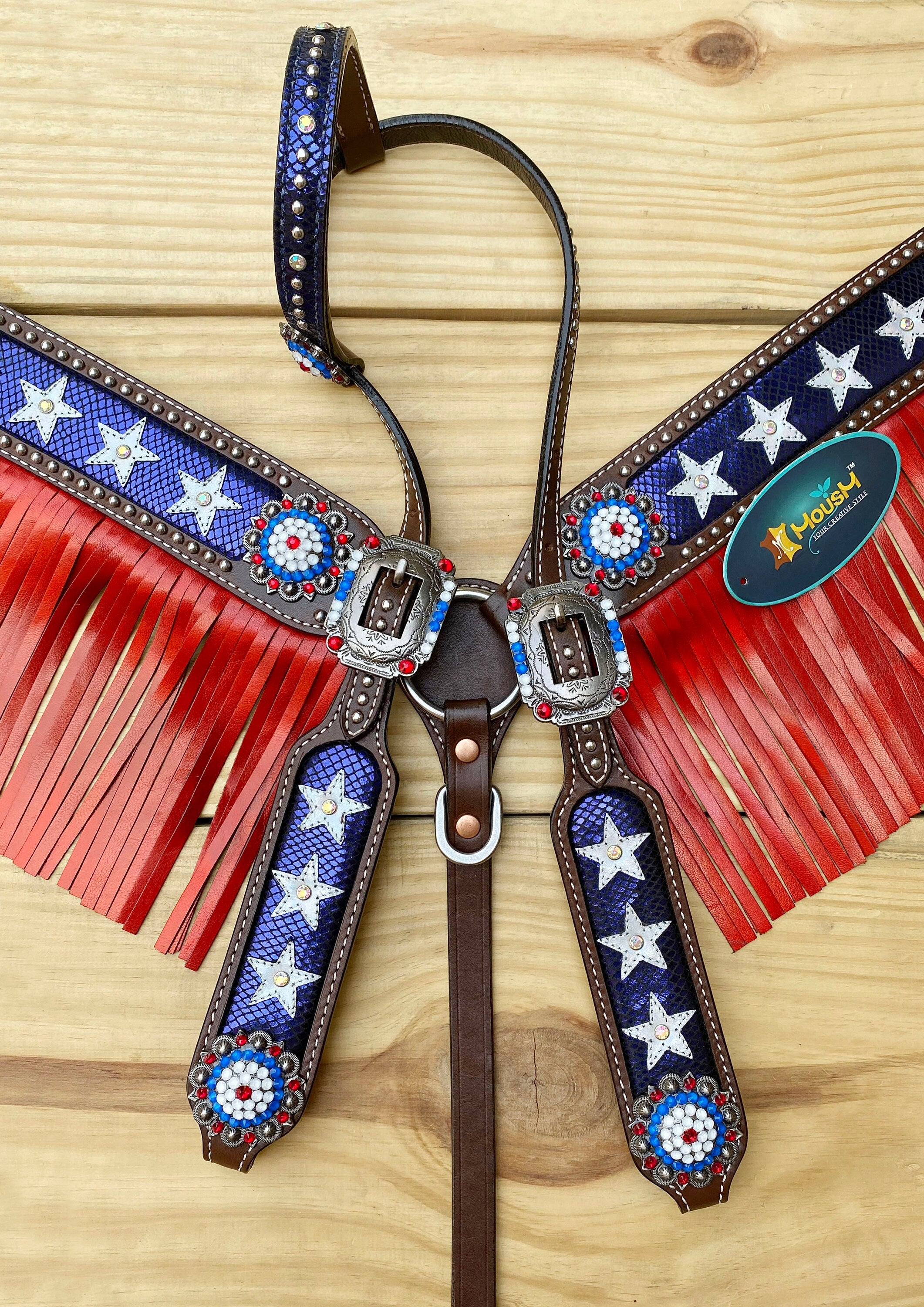 MOUSM 4th of July Western Bridles and Headstalls Set – Western Horse Tack Set Patriotic USA Flag Design with Red Fringe & Star Inlay