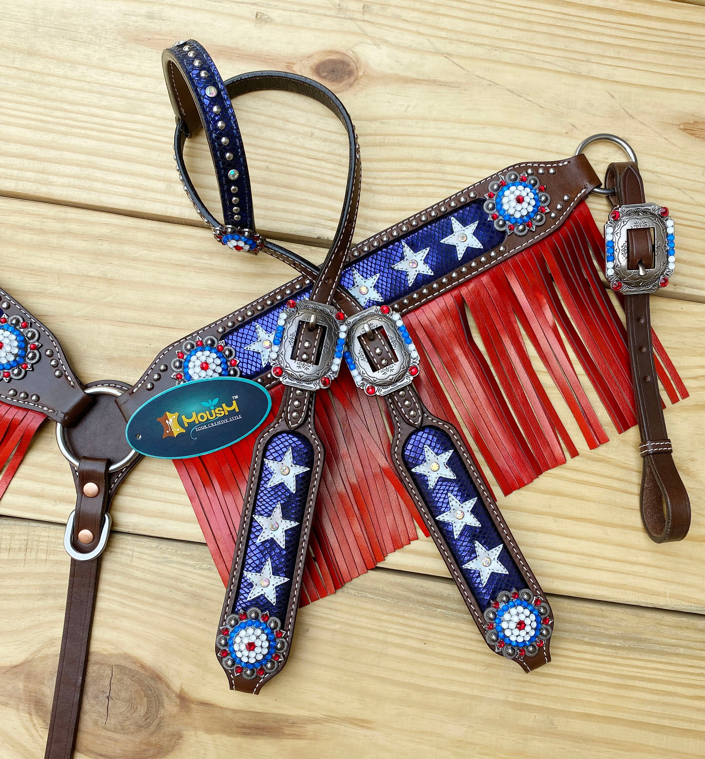 MOUSM 4th of July Western Bridles and Headstalls Set – Western Horse Tack Set Patriotic USA Flag Design with Red Fringe & Star Inlay