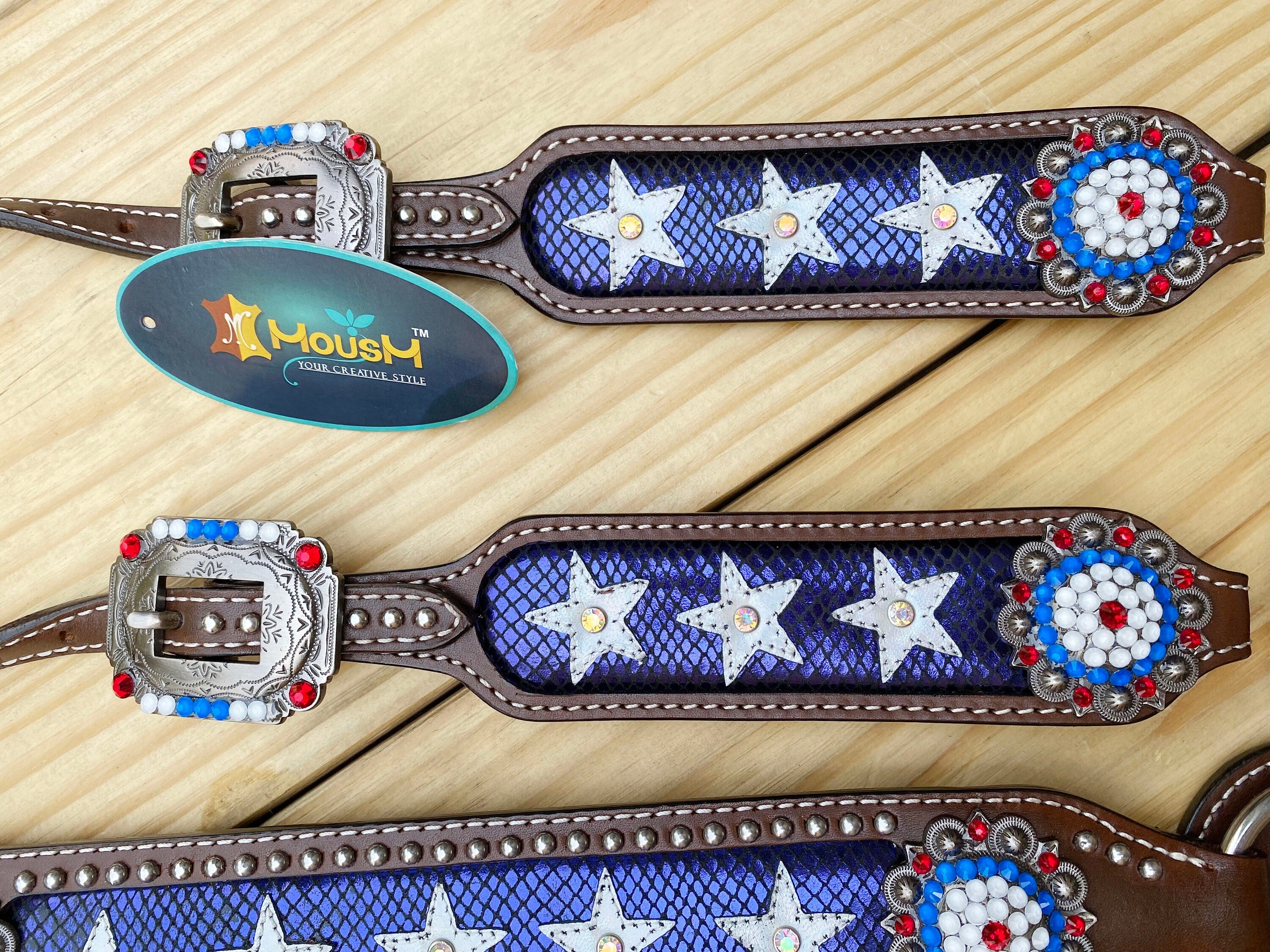 MOUSM 4th of July Western Bridles and Headstalls Set – Western Horse Tack Set Patriotic USA Flag Design with Red Fringe & Star Inlay