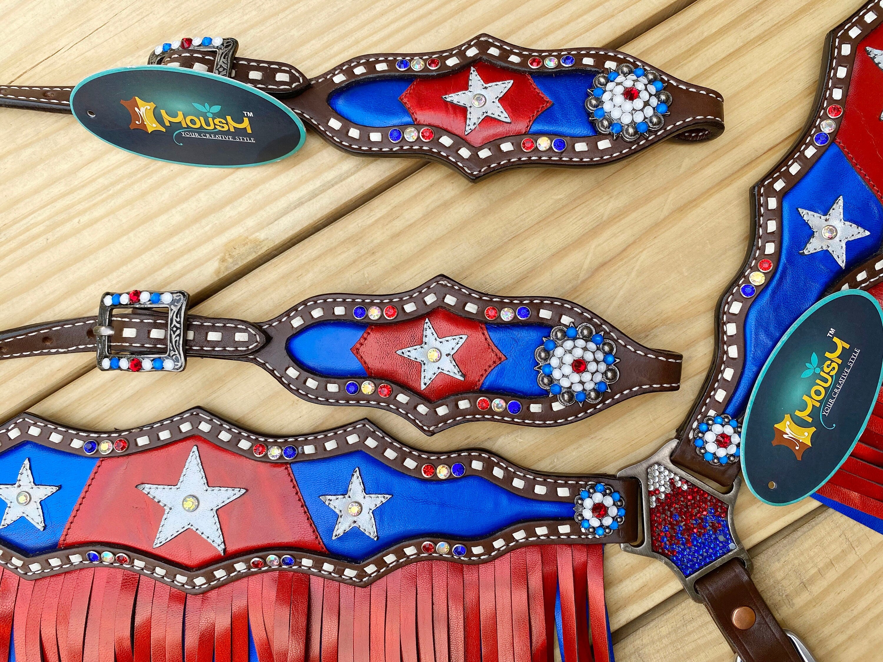 MOUSM 4th of July Western Headstall & Breast Collar Set – Independence Western Headstall Tack Patriotic USA Flag Design with Blue Inlay, Star Details & Red-Blue Fringe, Shining Rhinestones