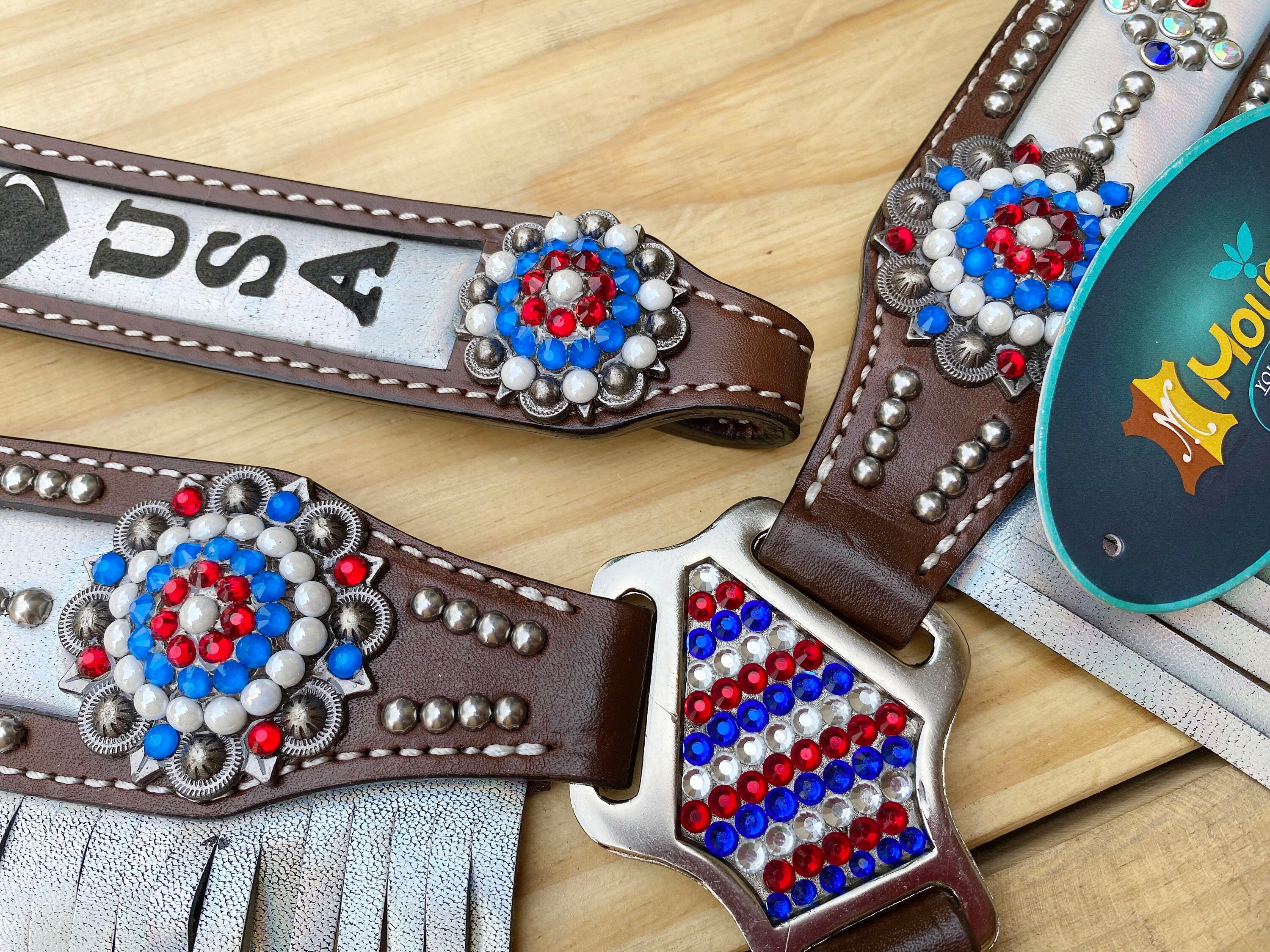 MOUSM 4th of July Western Headstall & Breast Collar Set – Independence Western Headstall Tack I LOVE USA Heart USA Flag Conchos and White Fringe