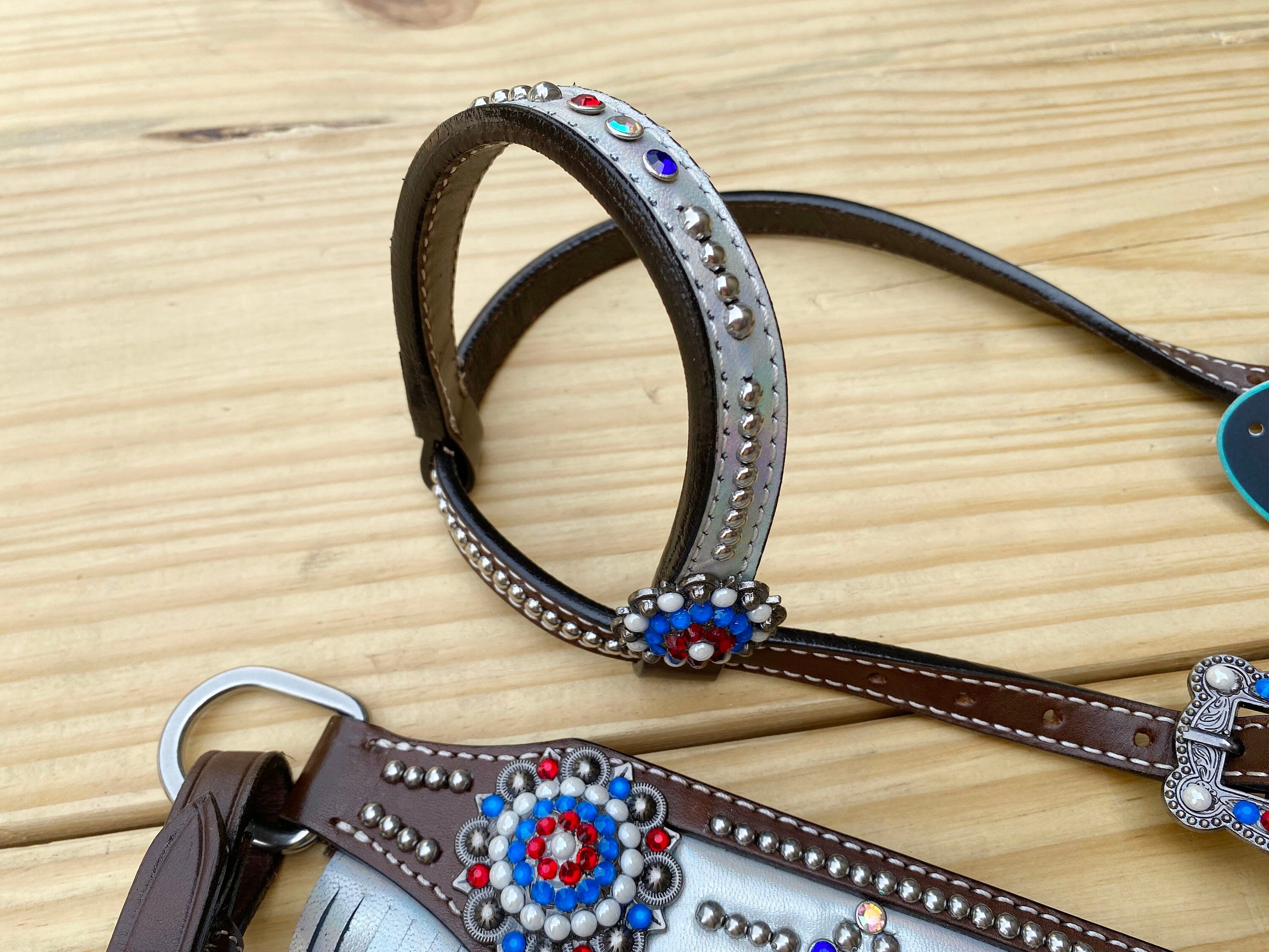 MOUSM 4th of July Western Headstall & Breast Collar Set – Independence Western Headstall Tack I LOVE USA Heart USA Flag Conchos and White Fringe