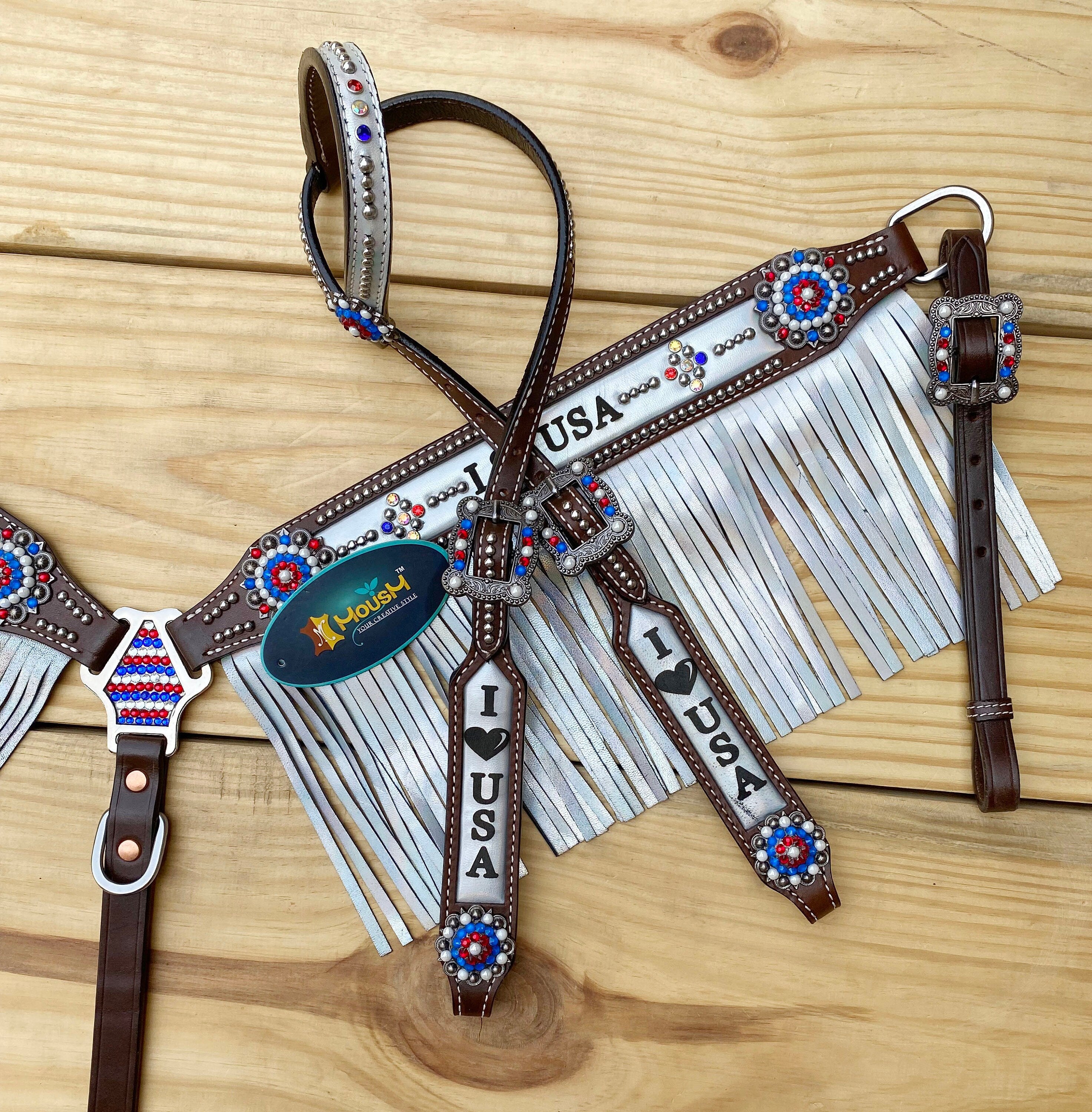 MOUSM 4th of July Western Headstall & Breast Collar Set – Independence Western Headstall Tack I LOVE USA Heart USA Flag Conchos and White Fringe
