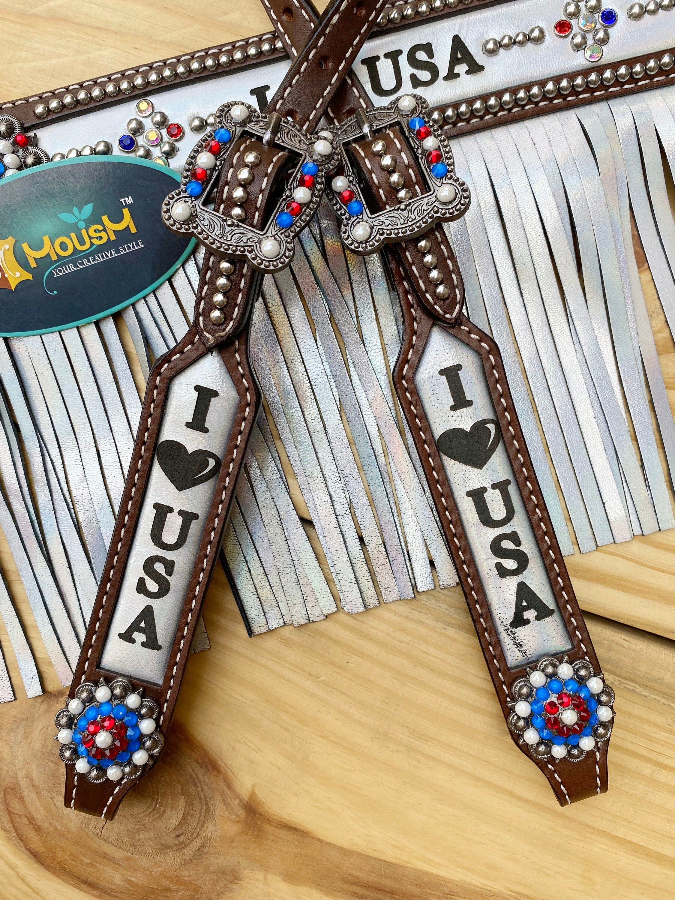 MOUSM 4th of July Western Headstall & Breast Collar Set – Independence Western Headstall Tack I LOVE USA Heart USA Flag Conchos and White Fringe
