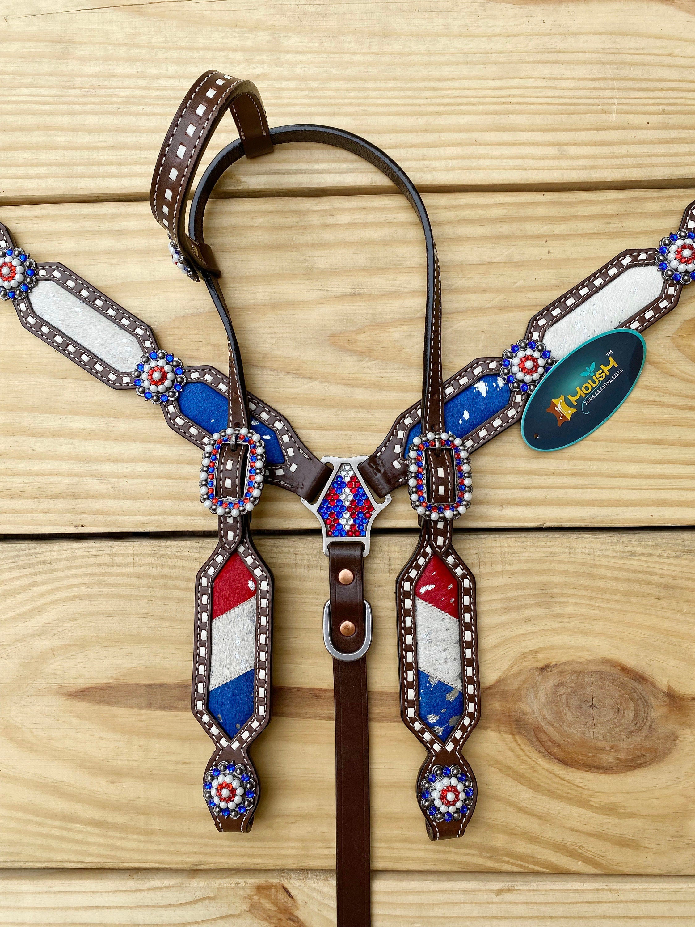 MOUSM 4th of July Western Headstall & Breast Collar Set – Independence Western Headstall Tack Set Acid Wash USA Flag Colour Inlay and Matching USA Conchos