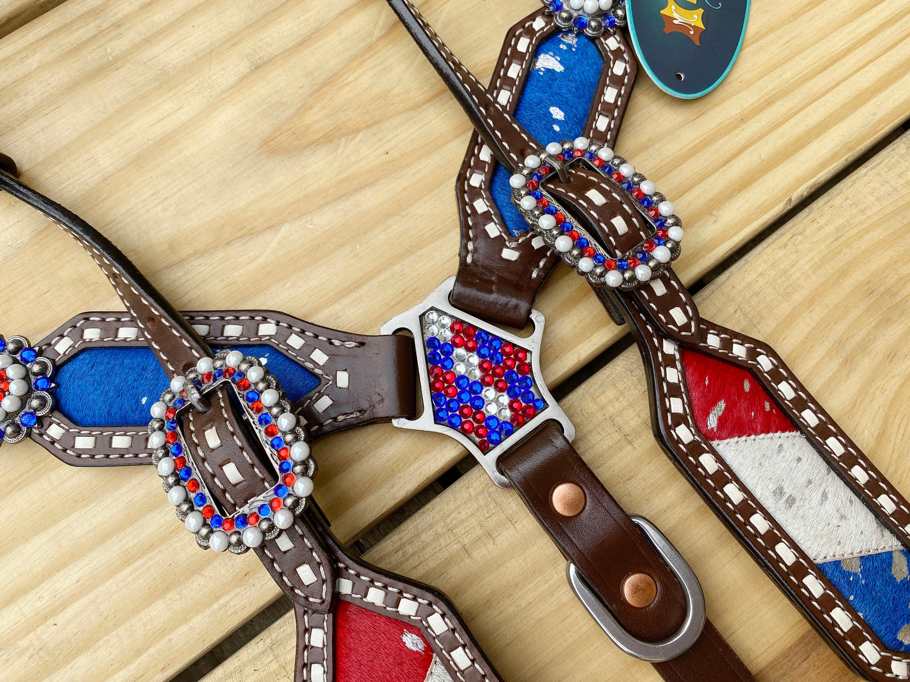MOUSM 4th of July Western Headstall & Breast Collar Set – Independence Western Headstall Tack Set Acid Wash USA Flag Colour Inlay and Matching USA Conchos