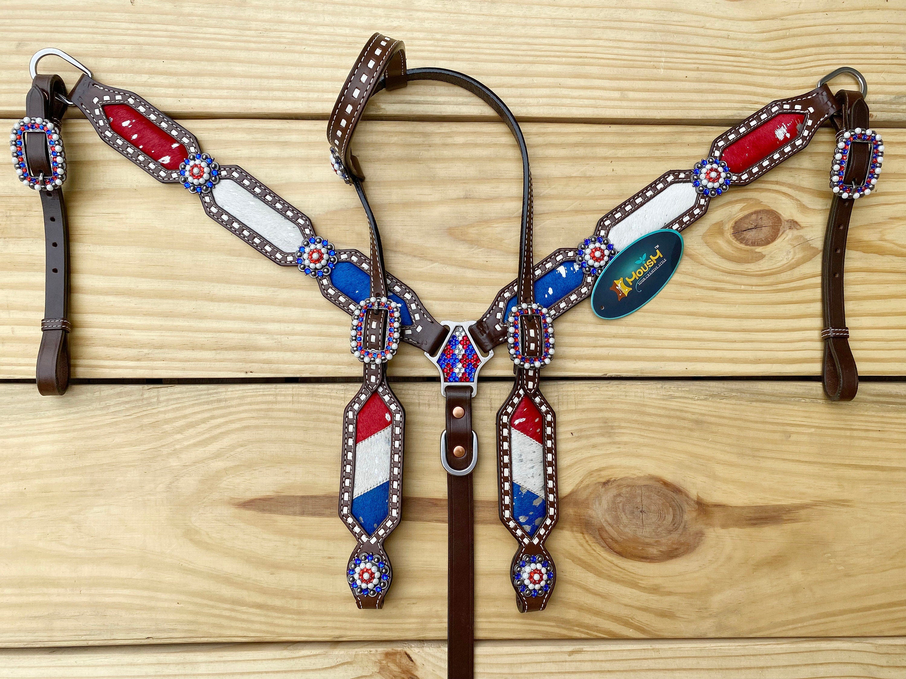 MOUSM 4th of July Western Headstall & Breast Collar Set – Independence Western Headstall Tack Set Acid Wash USA Flag Colour Inlay and Matching USA Conchos