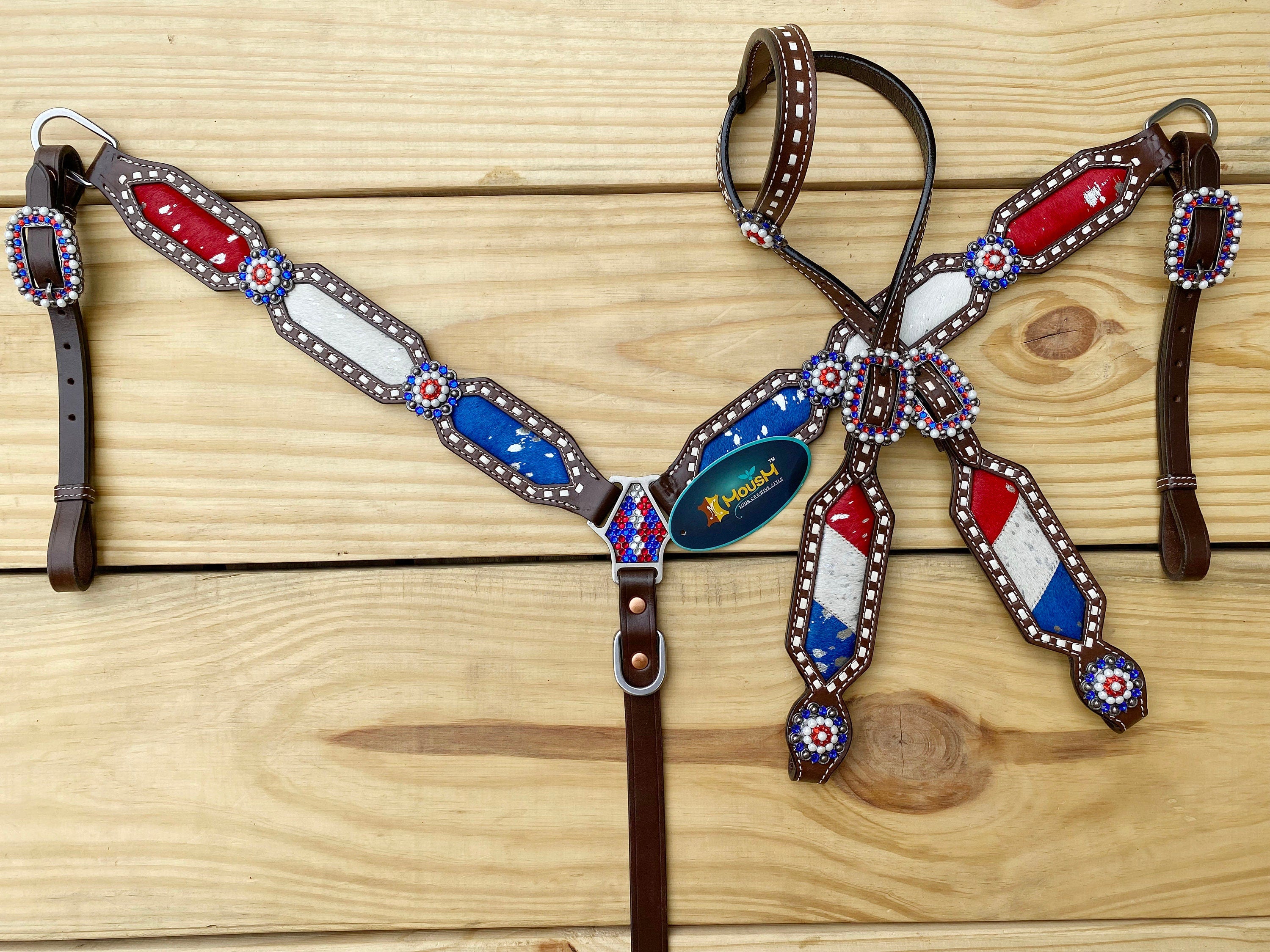 MOUSM 4th of July Western Headstall & Breast Collar Set – Independence Western Headstall Tack Set Acid Wash USA Flag Colour Inlay and Matching USA Conchos