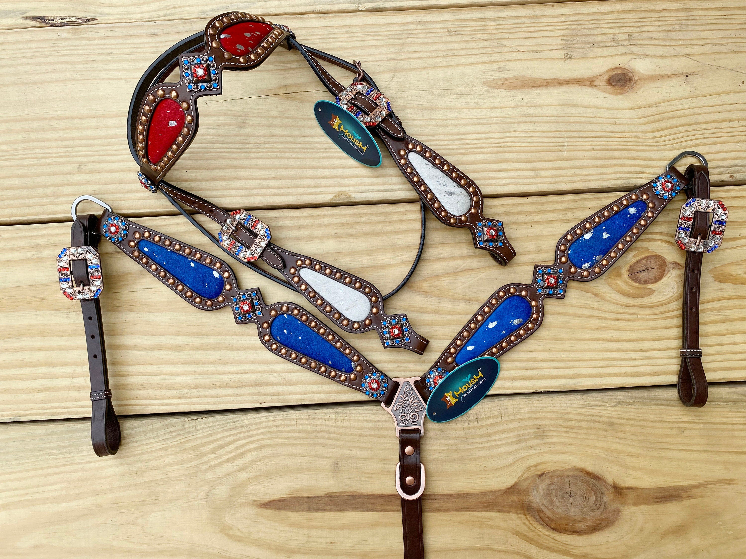 MOUSM 4th of July Browband Headstall & Breast Collar Set – Independence Western Headstall Tack with Acid Wash USA Flag Color Inlay