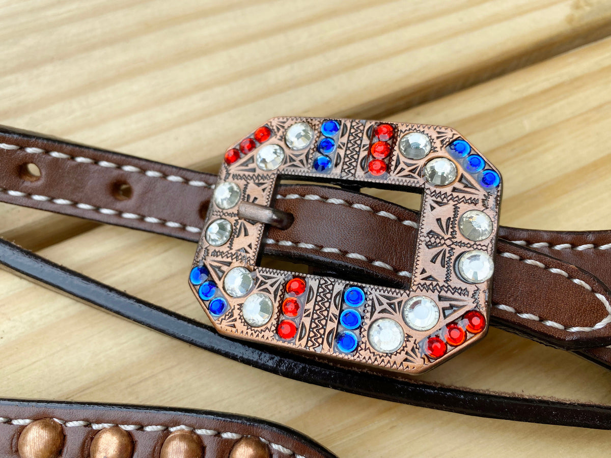 Acid Wash USA Flag Color Browband Headstall Tack Set
