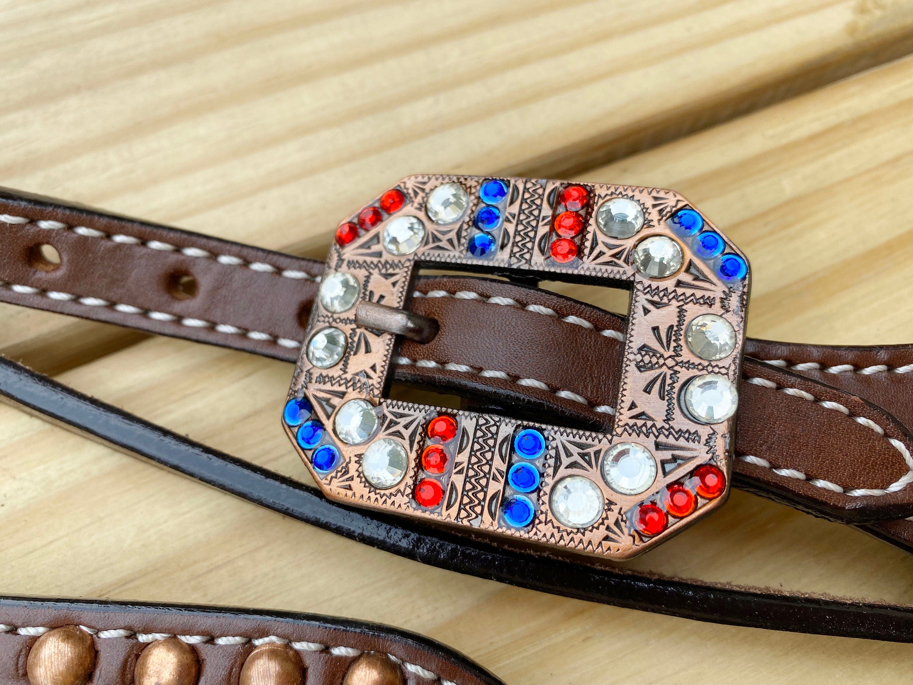 MOUSM 4th of July Browband Headstall & Breast Collar Set – Independence Western Headstall Tack with Acid Wash USA Flag Color Inlay