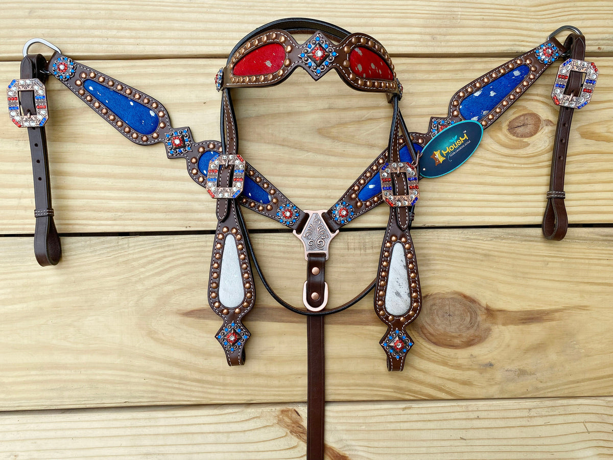 Acid Wash USA Flag Color Browband Headstall Tack Set