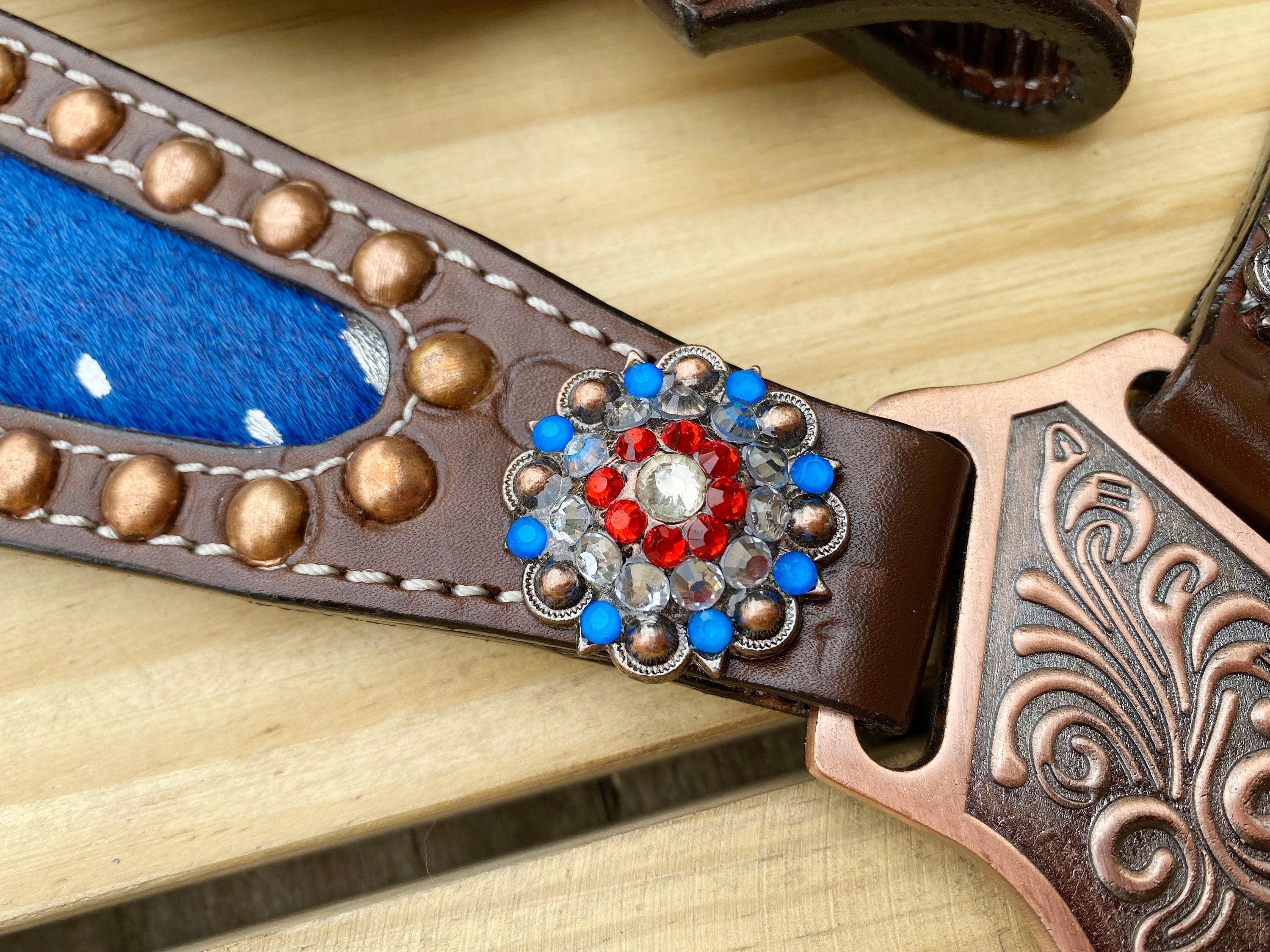 MOUSM 4th of July Browband Headstall & Breast Collar Set – Independence Western Headstall Tack with Acid Wash USA Flag Color Inlay