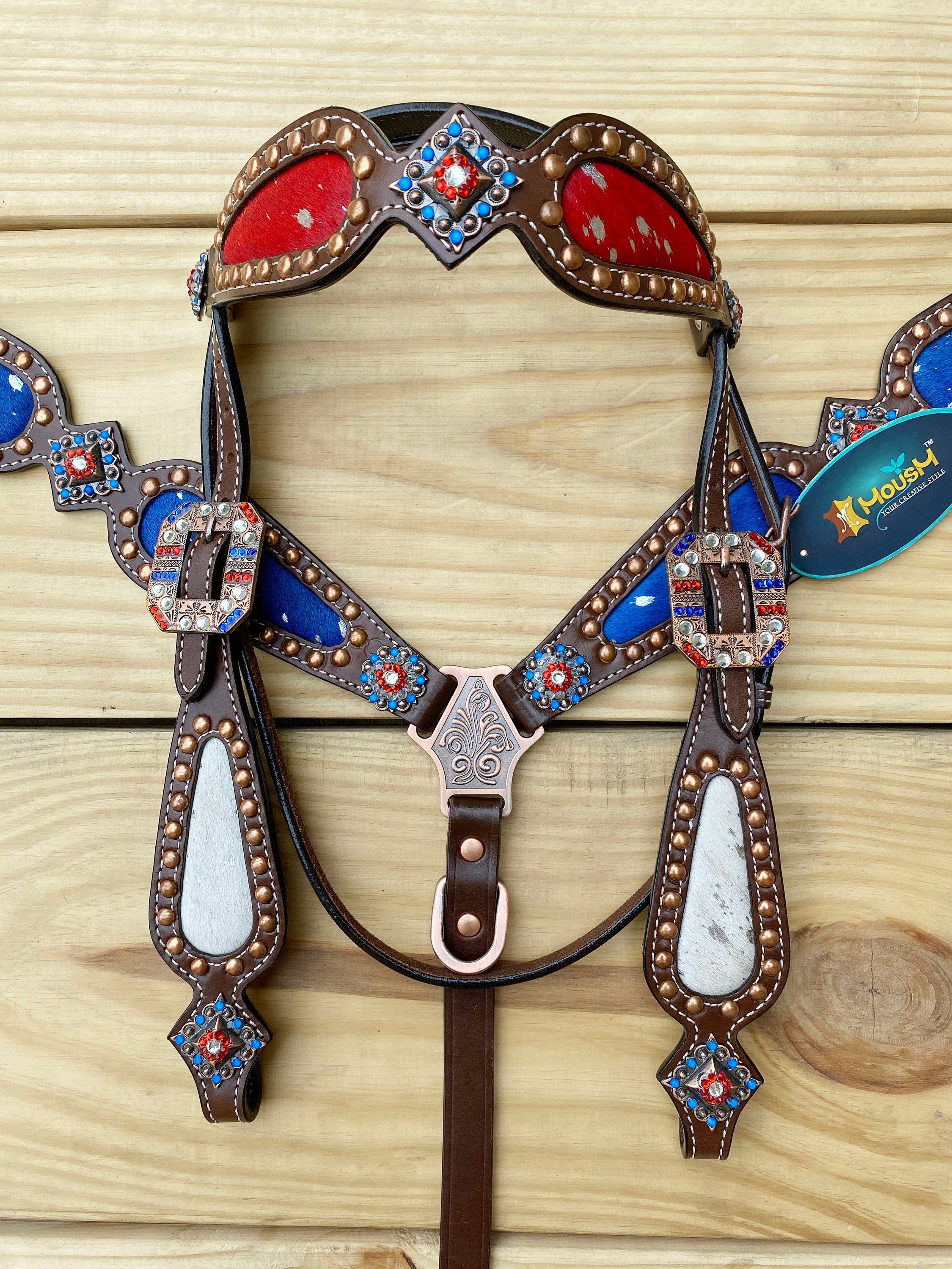 MOUSM 4th of July Browband Headstall & Breast Collar Set – Independence Western Headstall Tack with Acid Wash USA Flag Color Inlay