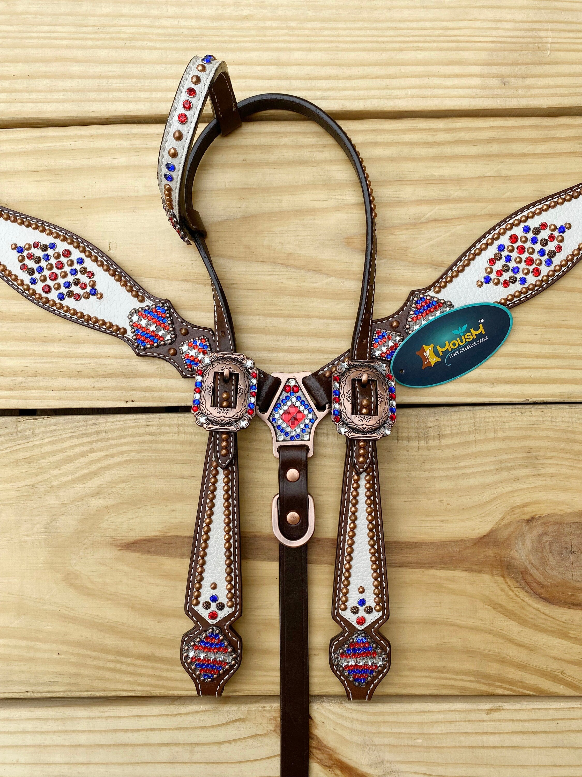 MOUSM 4th of July Western Headstall & Breast Collar Set – Patriotic USA Flag Stone & Bead Inlay with Matching Conchos