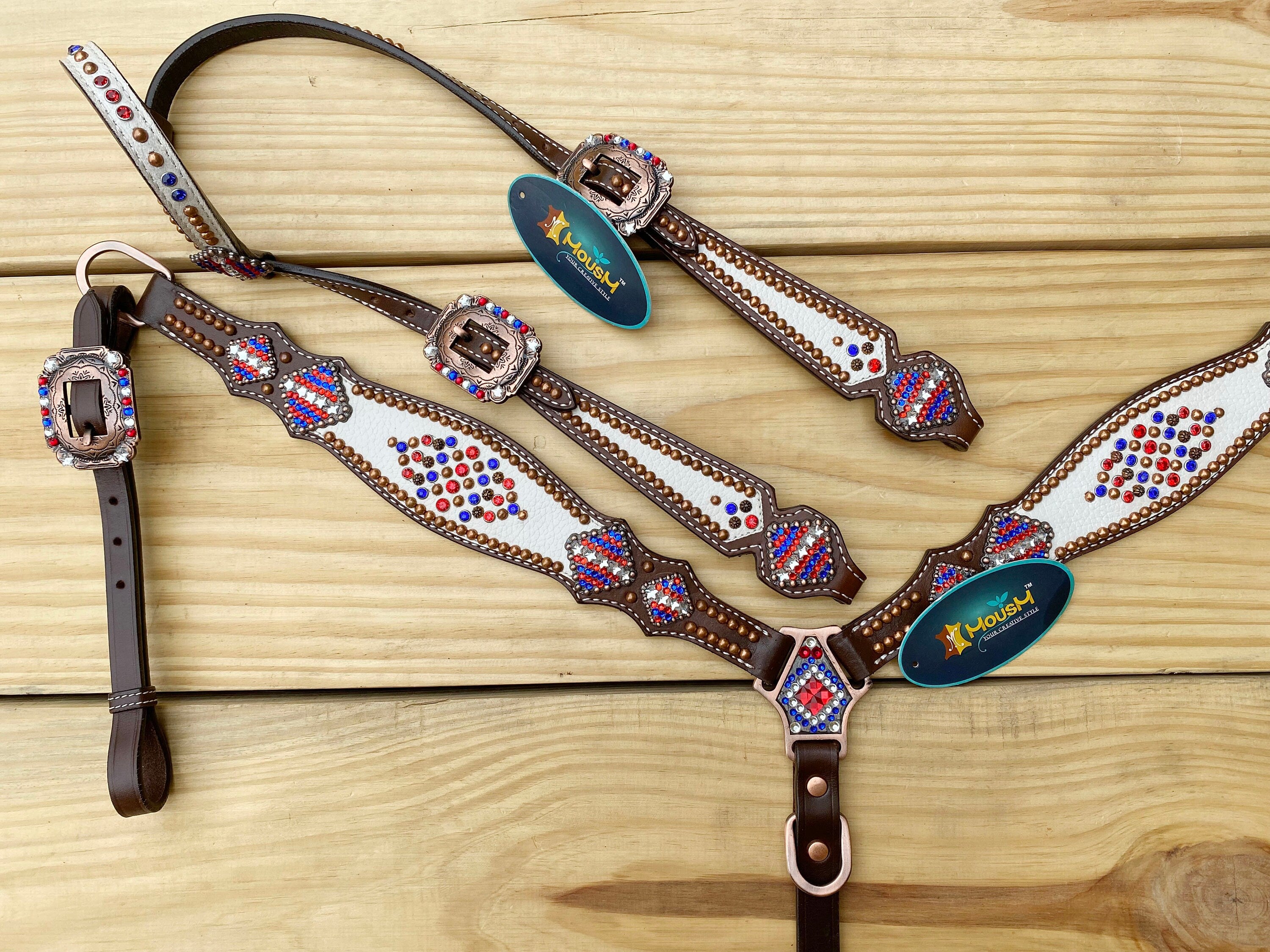 MOUSM 4th of July Western Headstall & Breast Collar Set – Patriotic USA Flag Stone & Bead Inlay with Matching Conchos