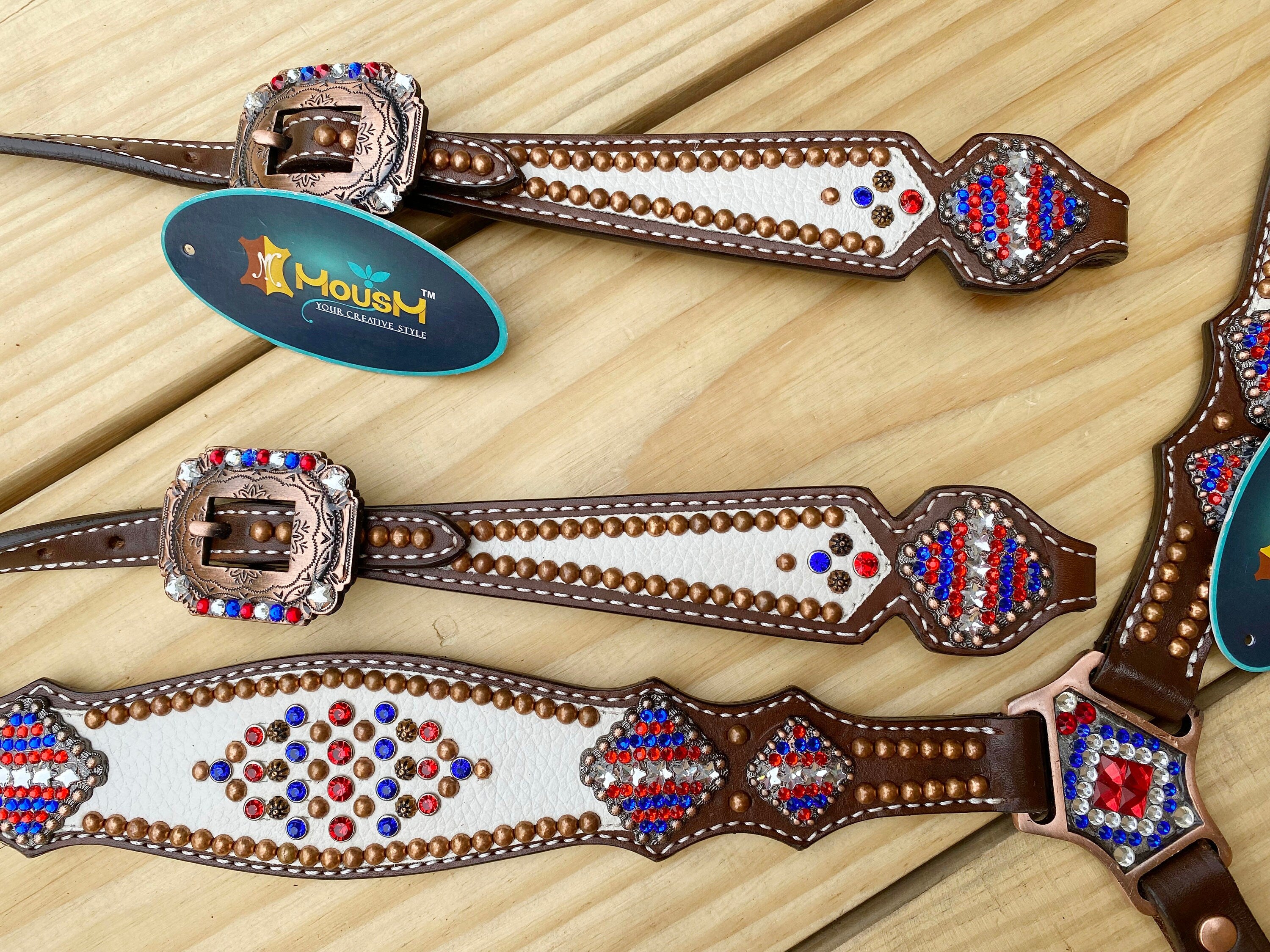MOUSM 4th of July Western Headstall & Breast Collar Set – Patriotic USA Flag Stone & Bead Inlay with Matching Conchos