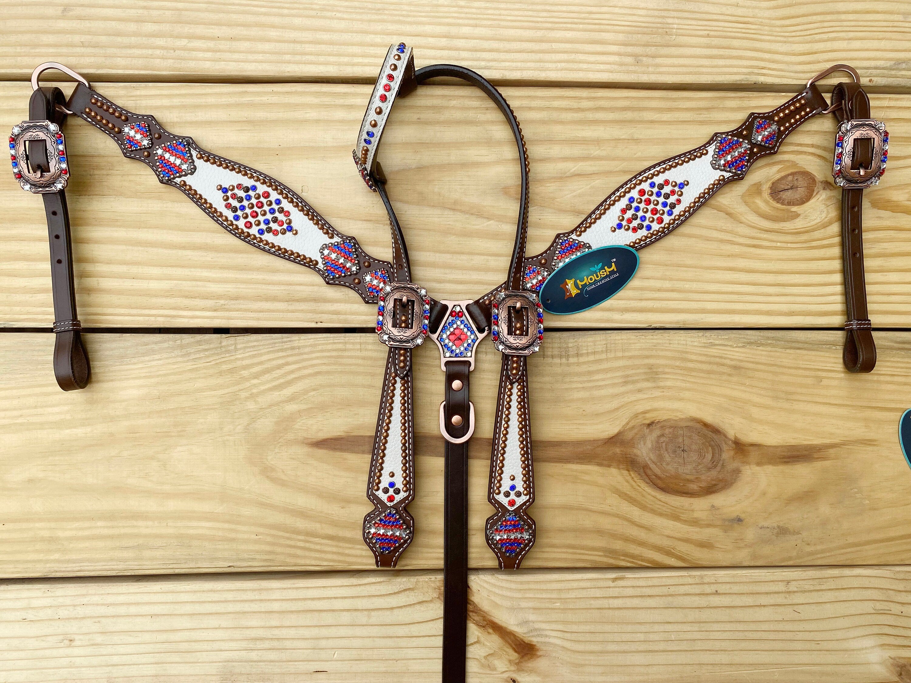 MOUSM 4th of July Western Headstall & Breast Collar Set – Patriotic USA Flag Stone & Bead Inlay with Matching Conchos