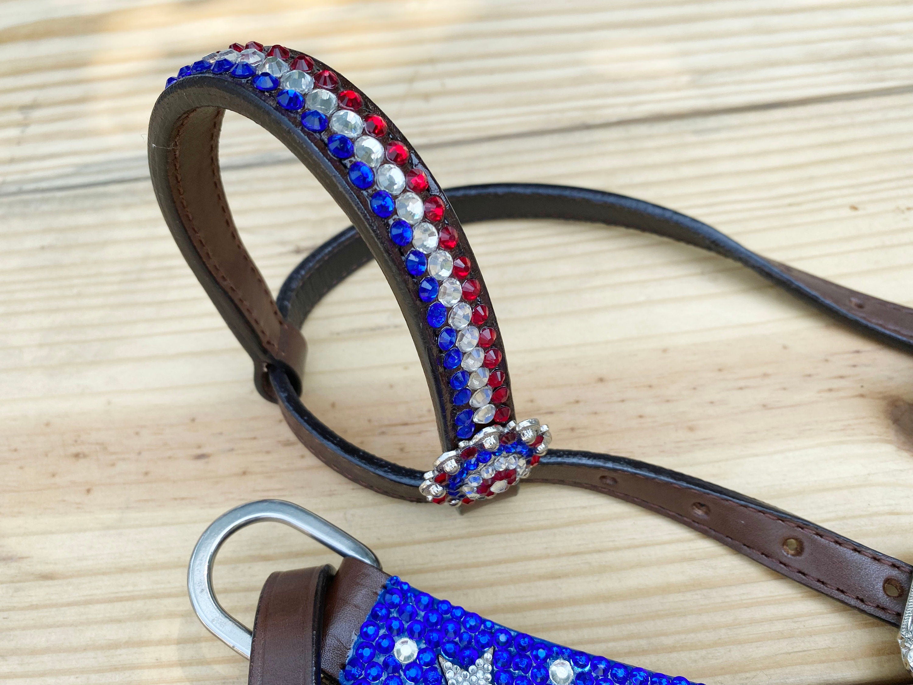 MOUSM 4th July Western Headstall & Breast Collar Set – Western Headstall Tack with Patch Decorated with Dazzling USA Flag Color Glitter Stones