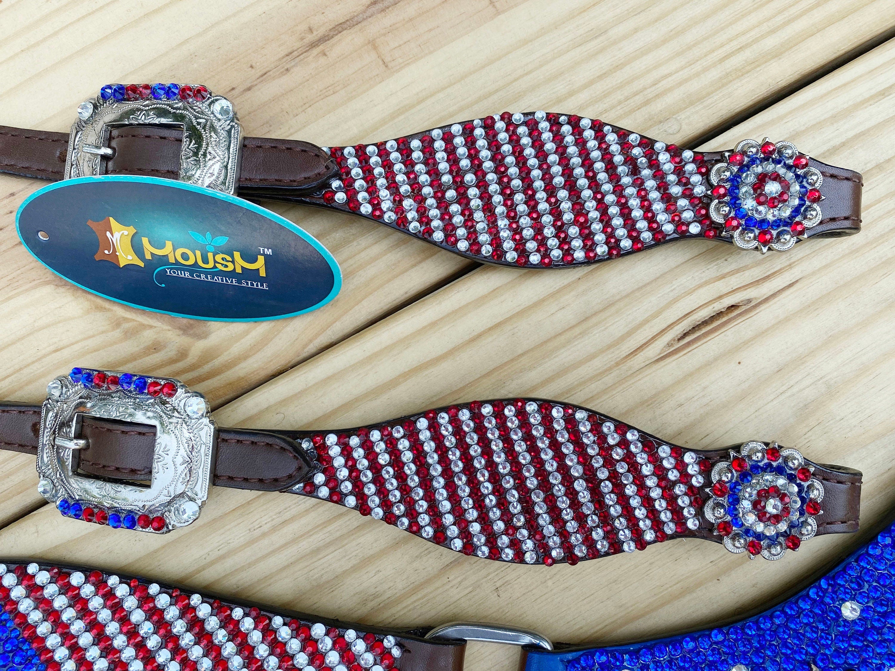 MOUSM 4th July Western Headstall & Breast Collar Set – Western Headstall Tack with Patch Decorated with Dazzling USA Flag Color Glitter Stones