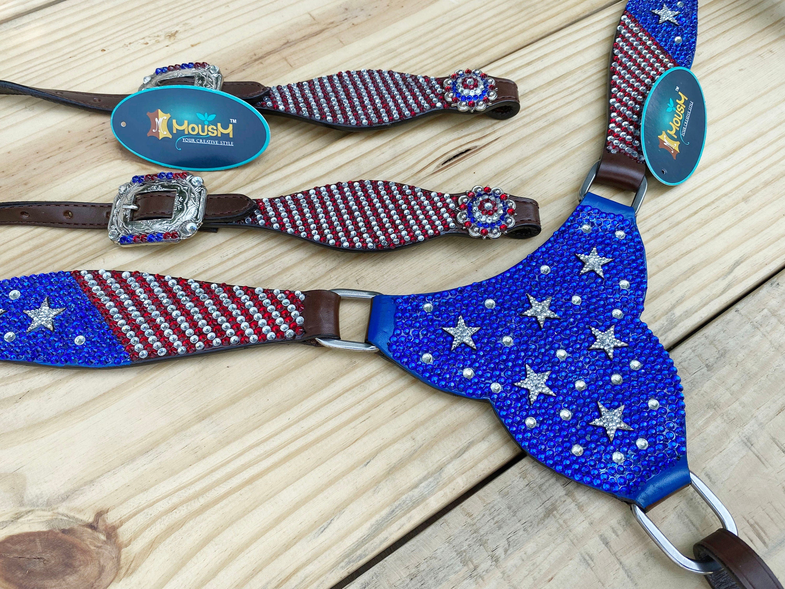 MOUSM 4th July Western Headstall & Breast Collar Set – Western Headstall Tack with Patch Decorated with Dazzling USA Flag Color Glitter Stones