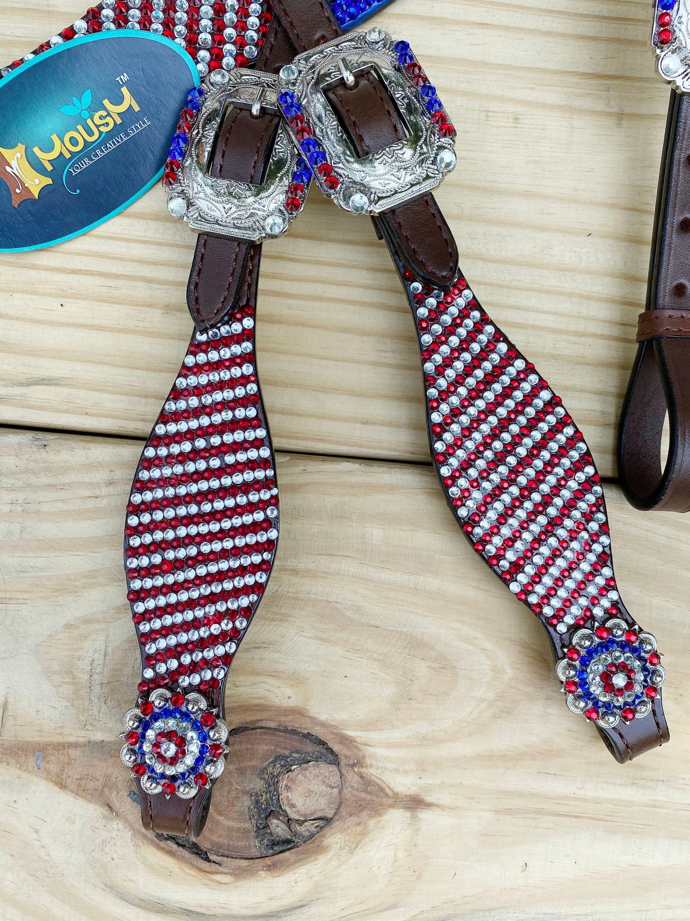 MOUSM 4th July Western Headstall & Breast Collar Set – Western Headstall Tack with Patch Decorated with Dazzling USA Flag Color Glitter Stones