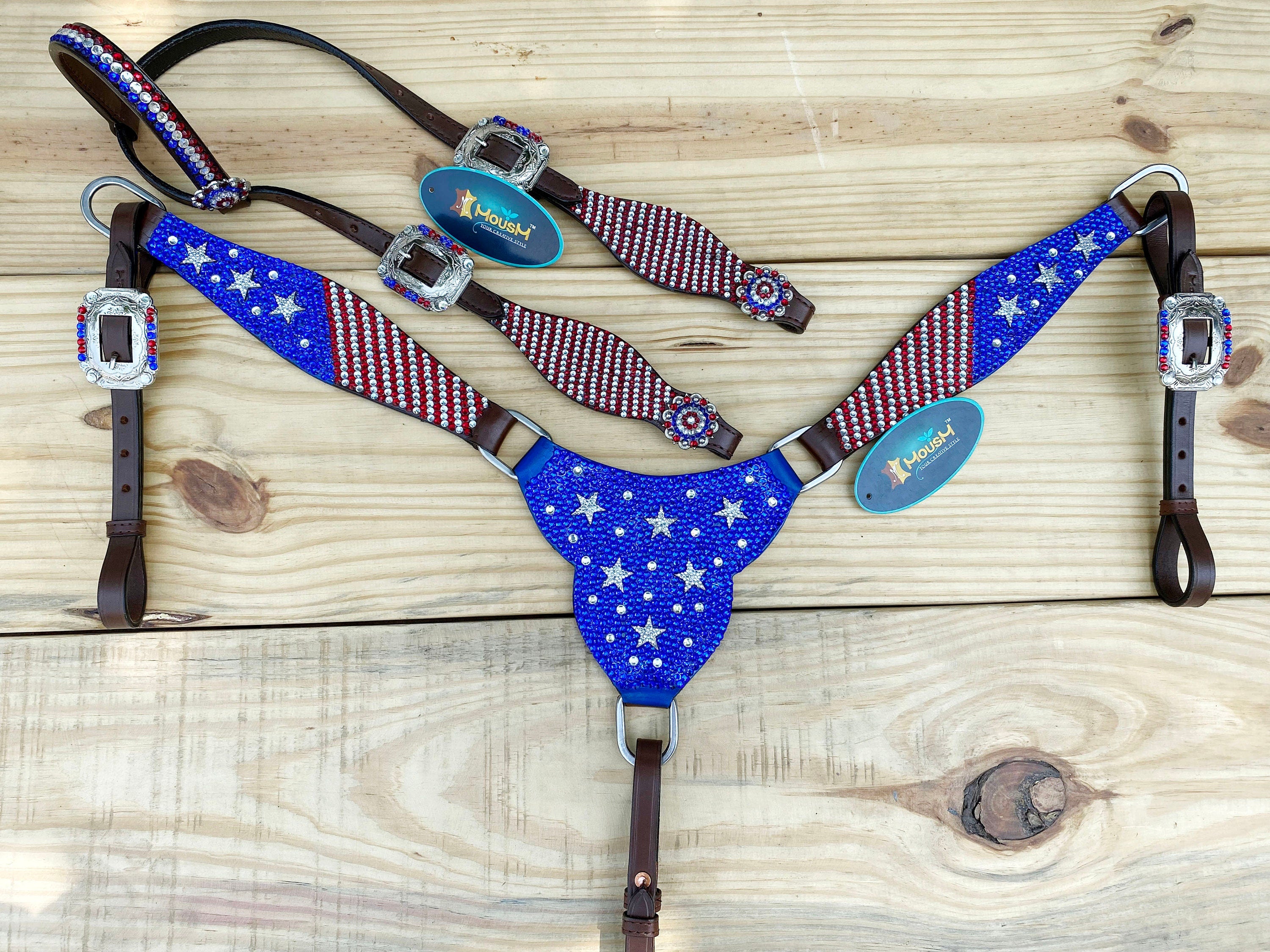 MOUSM 4th July Western Headstall & Breast Collar Set – Western Headstall Tack with Patch Decorated with Dazzling USA Flag Color Glitter Stones