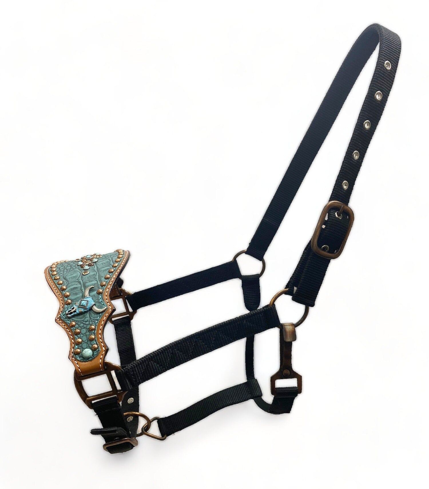MOUSM Western Bronc Halter - Argentina Cow Leather Halter for Horse Decorated with 3D Bullhead and Copper Studs on Turquoise Alligator-Patterned Leather, Antique Copper Hardware