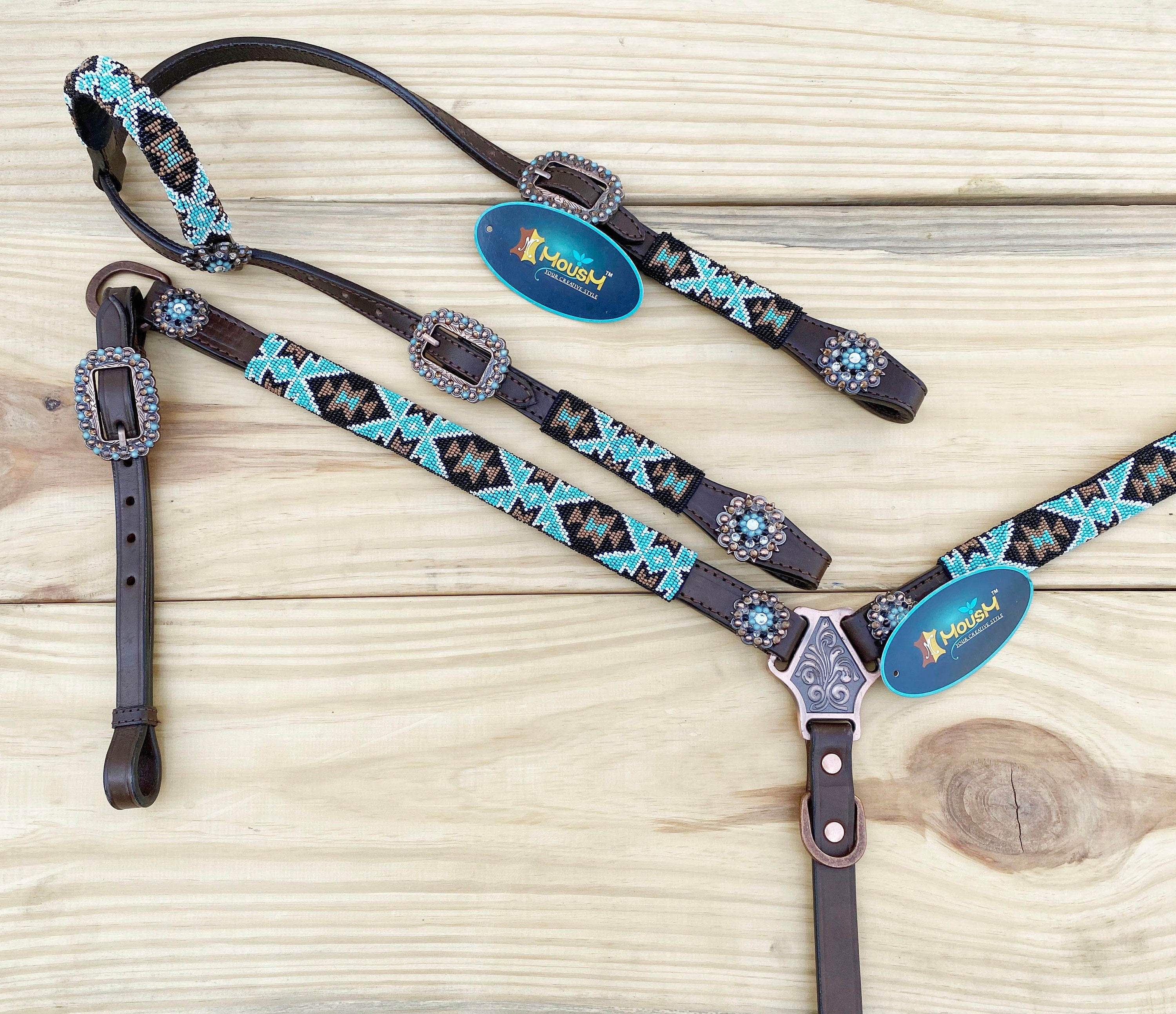 Leather Headstall and Breast Collar with Wither Strap Western Leather Tack Set for the horse with turquoise brown Beaded inlay and Concho