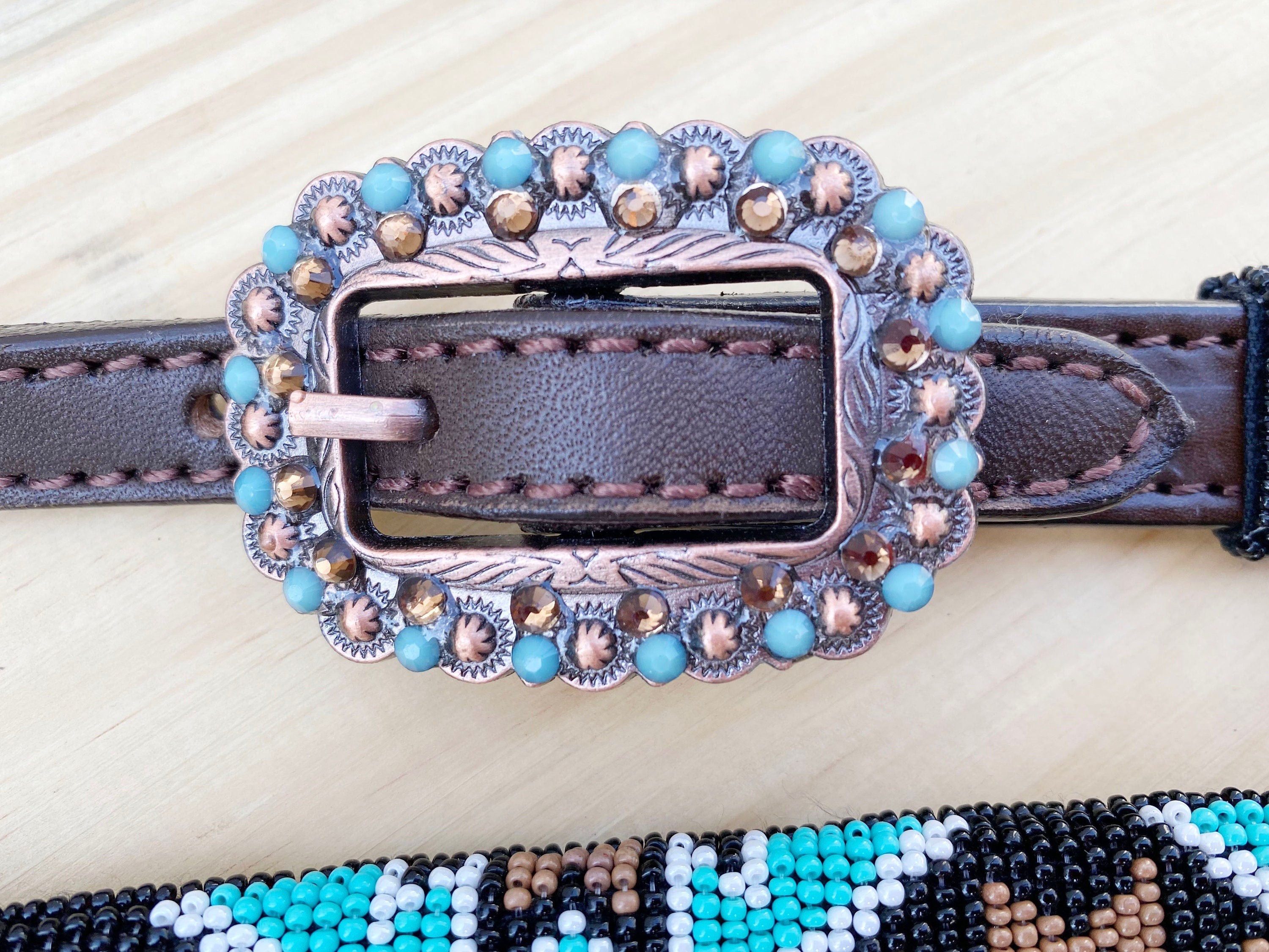 Leather Headstall and Breast Collar with Wither Strap Western Leather Tack Set for the horse with turquoise brown Beaded inlay and Concho