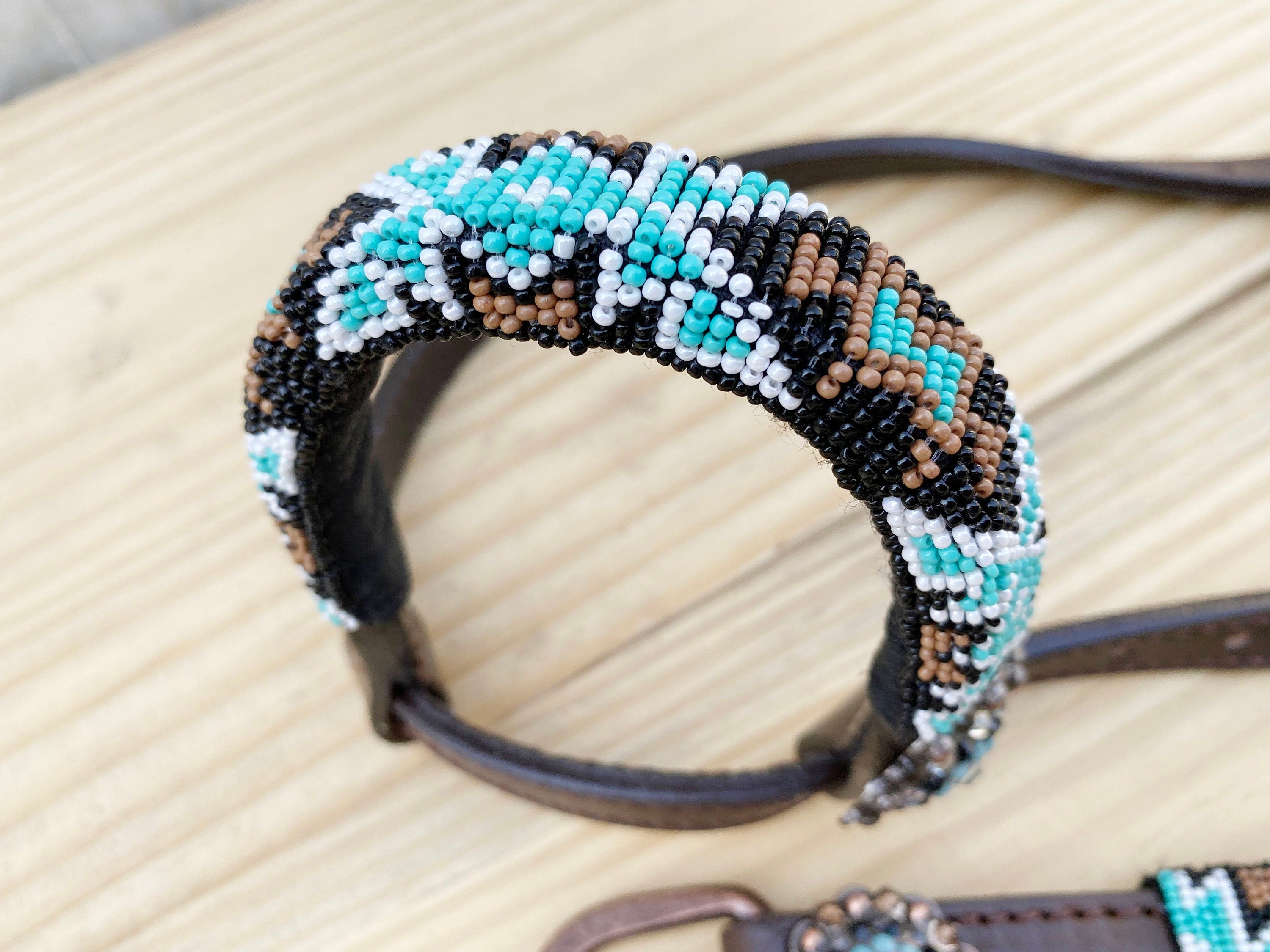 Leather Headstall and Breast Collar with Wither Strap Western Leather Tack Set for the horse with turquoise brown Beaded inlay and Concho