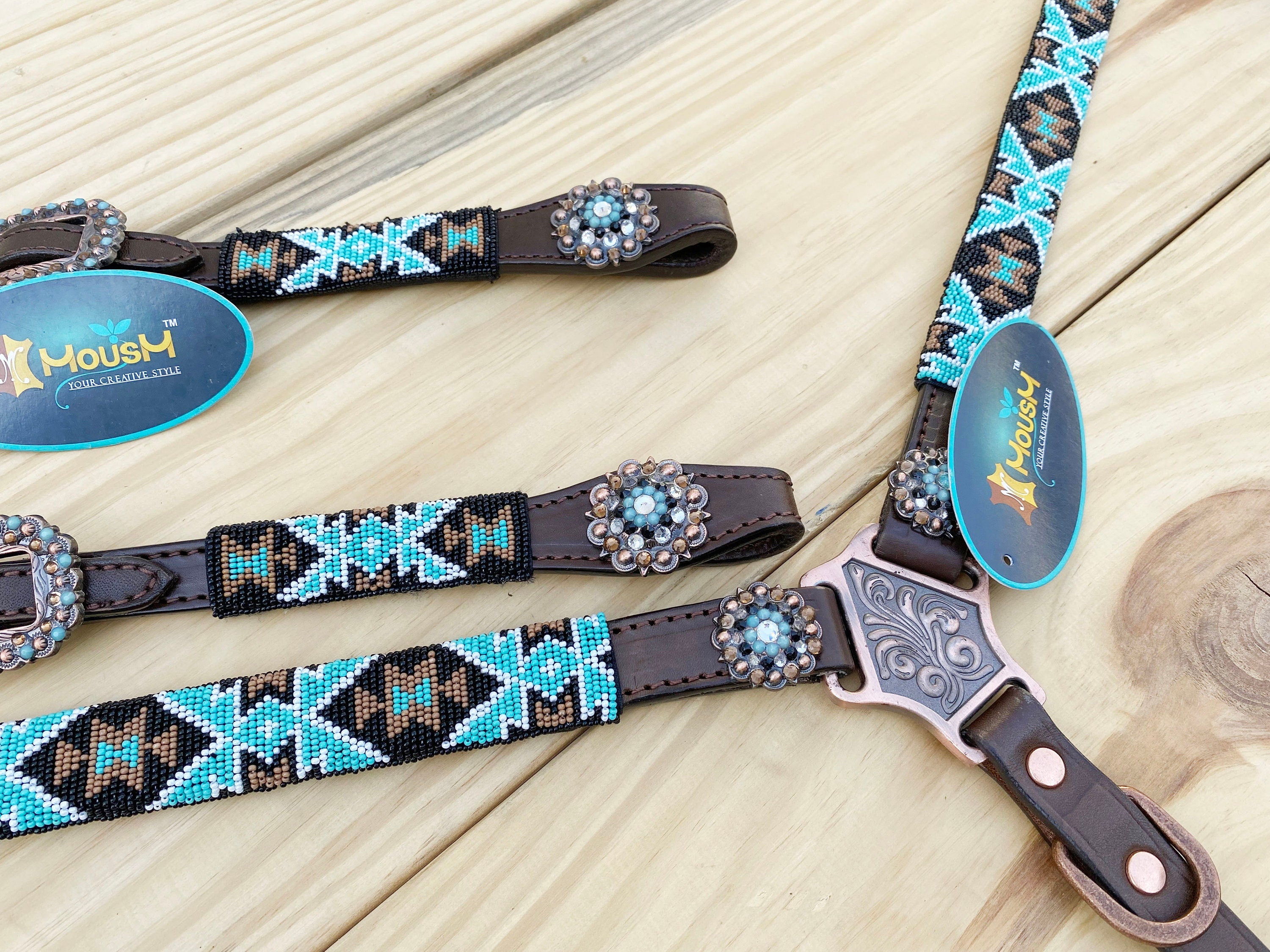 Leather Headstall and Breast Collar with Wither Strap Western Leather Tack Set for the horse with turquoise brown Beaded inlay and Concho