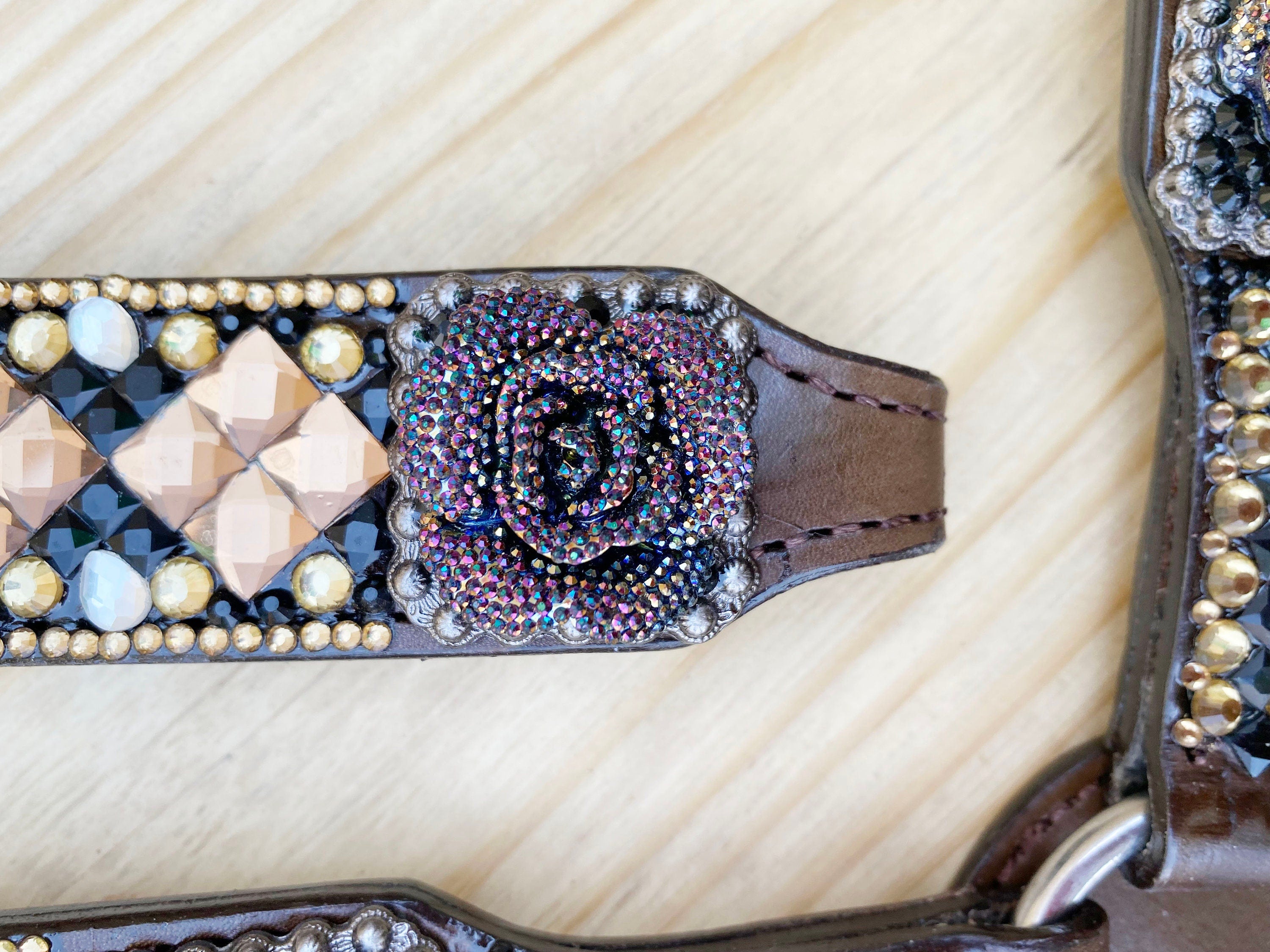 MOUSM Argentina Cow Leather Headstall & Breast Collar Set – Western Horse Tack for Horse Decorated with Shining Golden Stone & Rhinestones Dark, Brown 3D Rose Flower, Antique Nickel Hardware