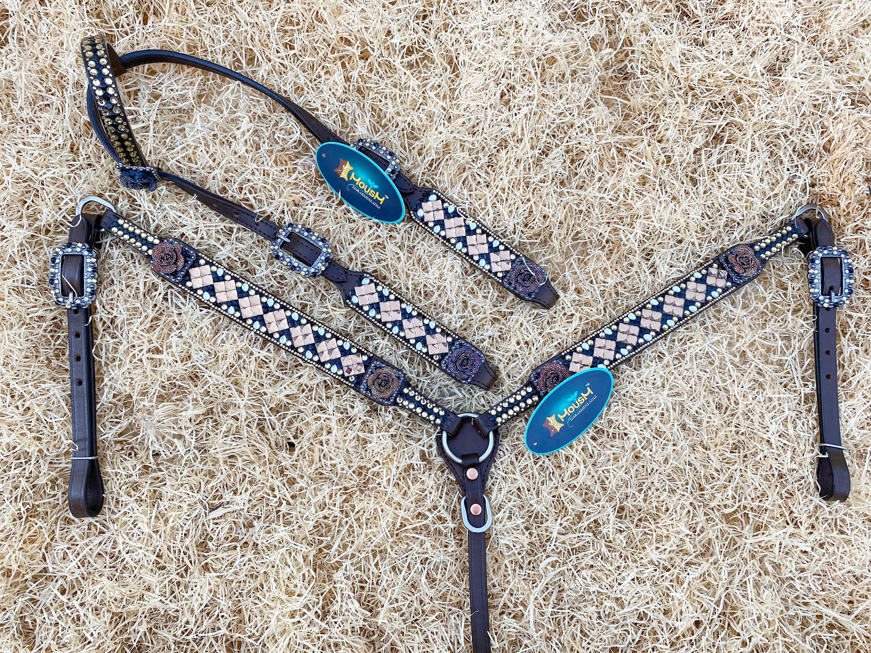 MOUSM Argentina Cow Leather Headstall & Breast Collar Set – Western Horse Tack for Horse Decorated with Shining Golden Stone & Rhinestones Dark, Brown 3D Rose Flower, Antique Nickel Hardware