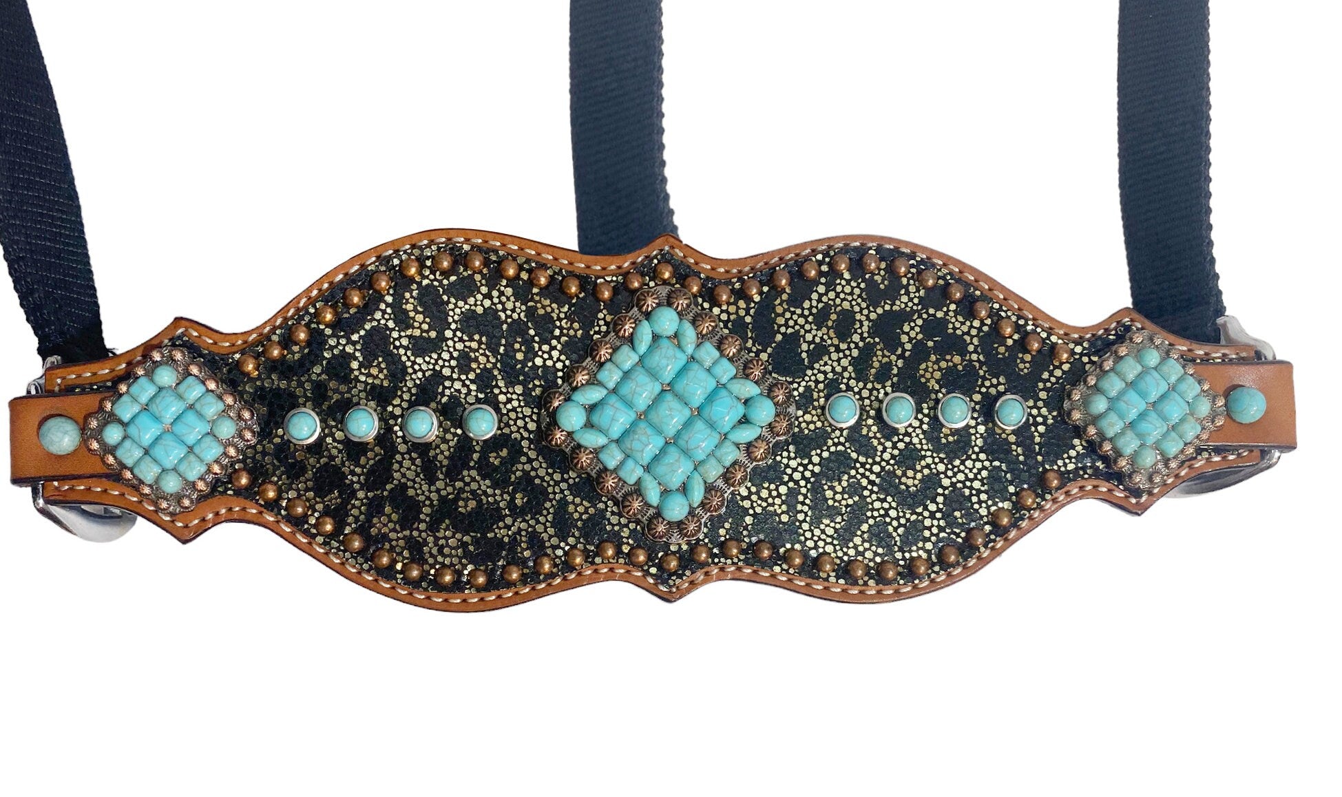 MOUSM Western Bronc Halter - Argentina Cow Leather Halter for Horse Decorated with Turquoise Stones on Alligator-Patterned Leather Surrounded by Copper Studs & Antique Copper Hardware