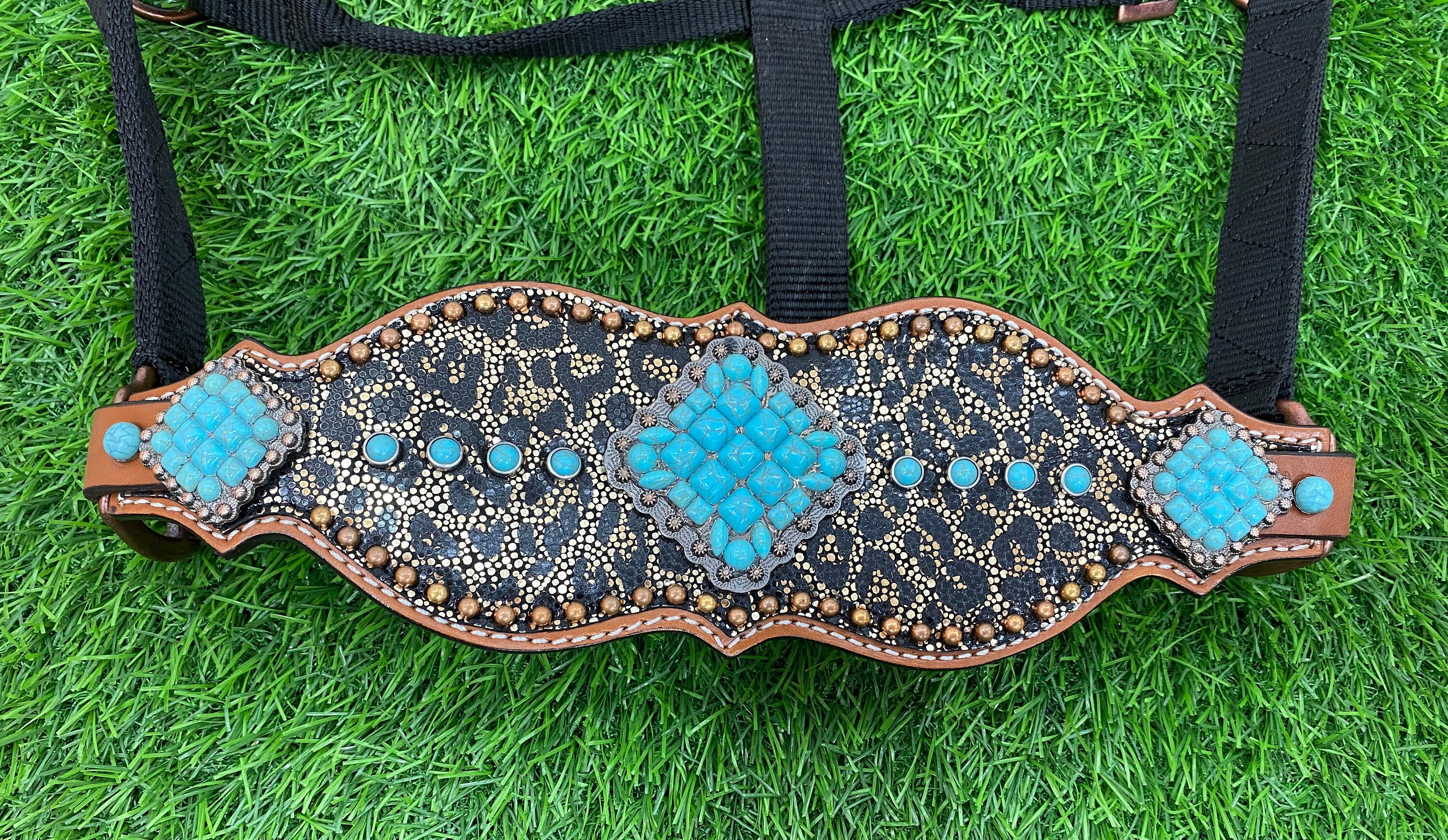 MOUSM Western Bronc Halter - Argentina Cow Leather Halter for Horse Decorated with Turquoise Stones on Alligator-Patterned Leather Surrounded by Copper Studs & Antique Copper Hardware