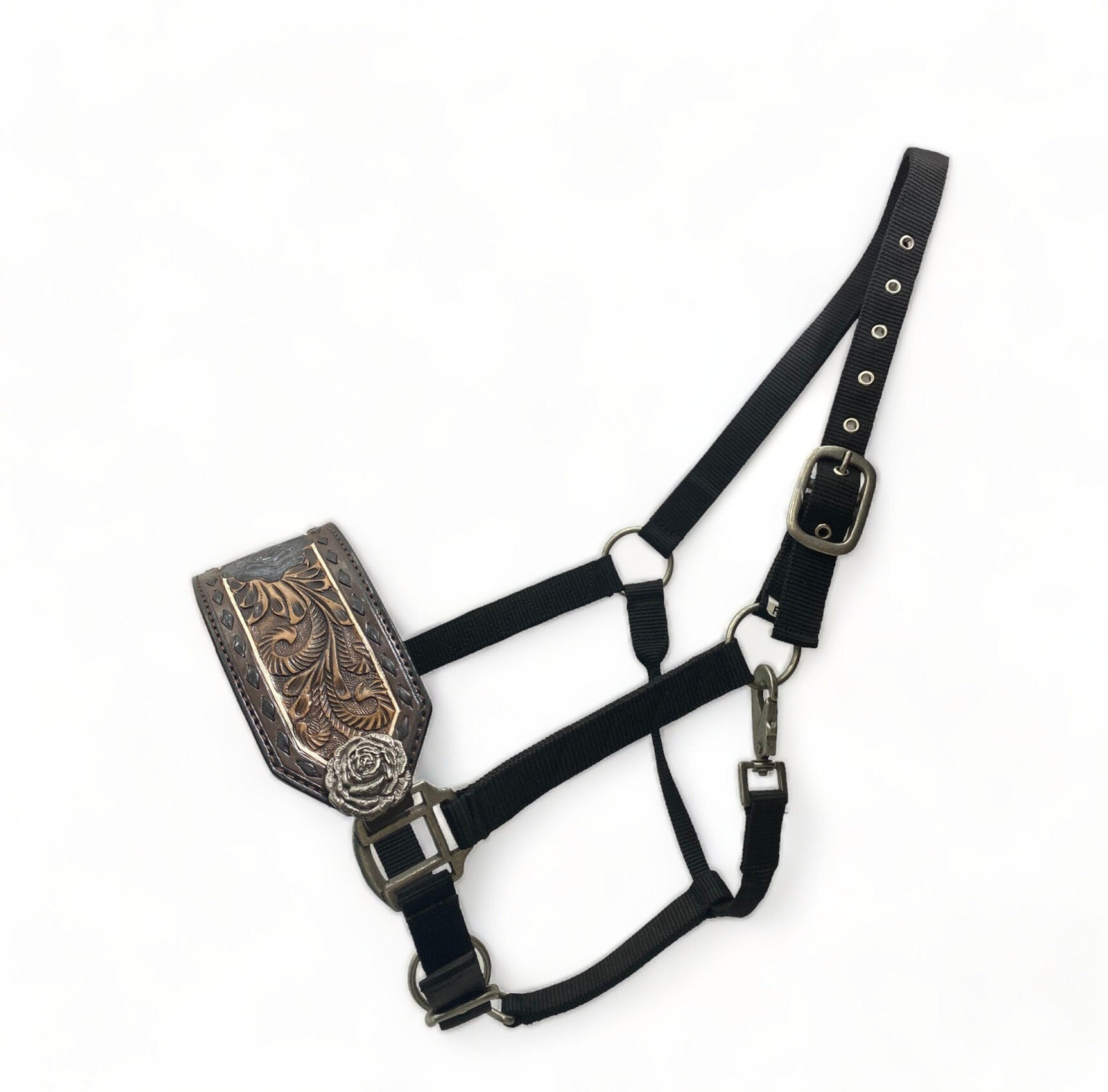 MOUSM Western Bronc Halter – Argentina Cow Leather Halter for Horse Decorated with Black Buck Stitching, Rose Carving on Center with Rose Carved Conchos, Antique Nickel Hardware