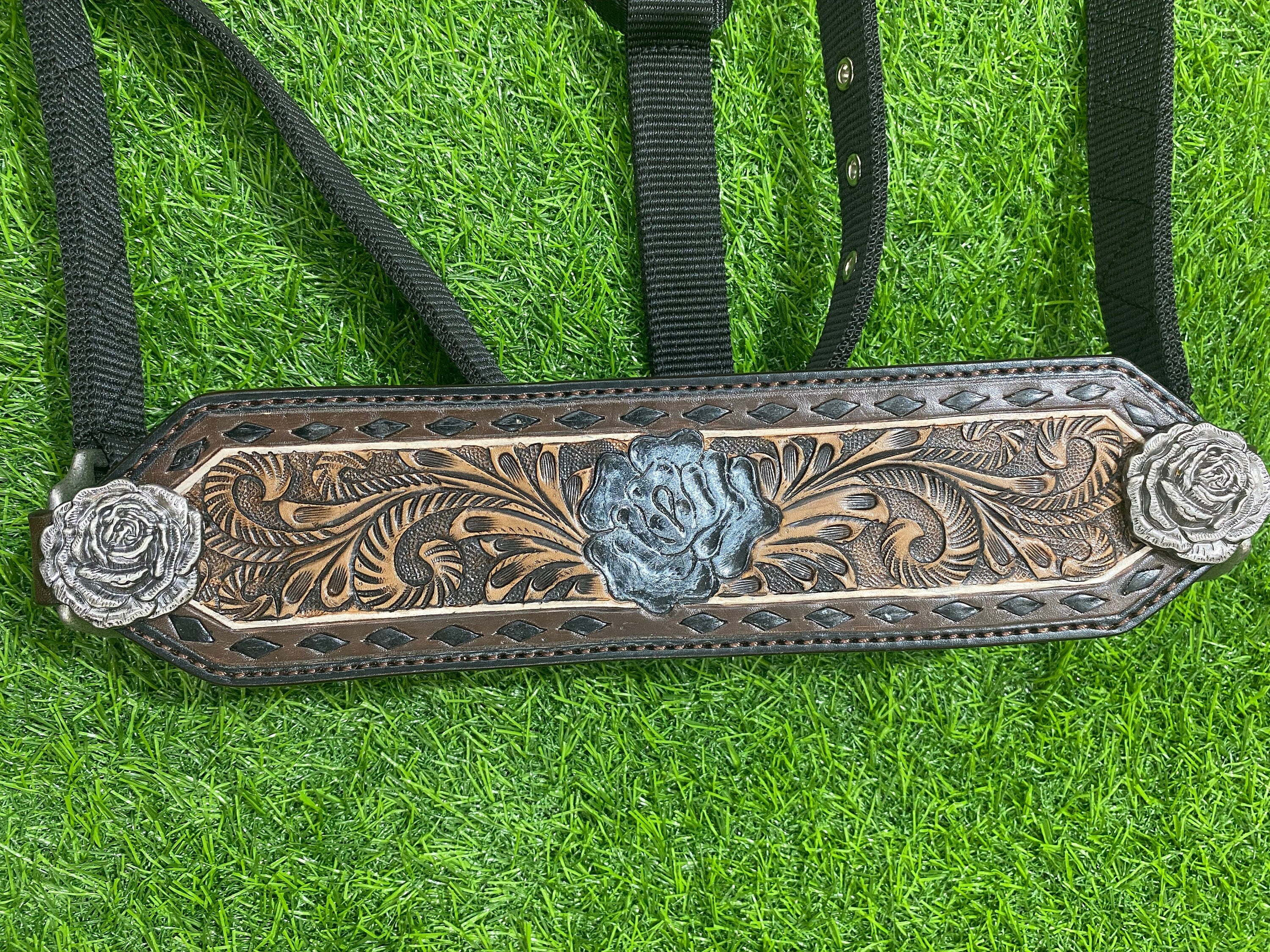MOUSM Western Bronc Halter – Argentina Cow Leather Halter for Horse Decorated with Black Buck Stitching, Rose Carving on Center with Rose Carved Conchos, Antique Nickel Hardware