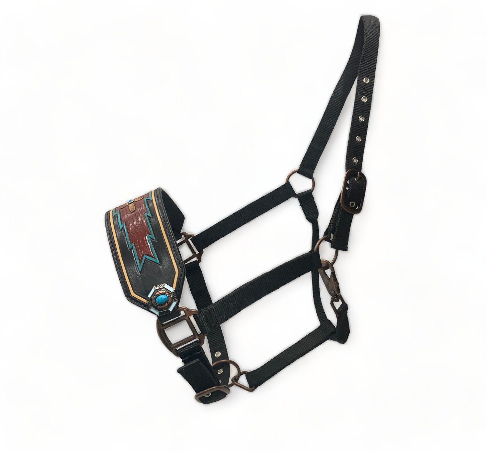 MOUSM Western Bronc Halter – Argentina Cow Leather Halter for Horse Decorated with Hand-Painted Geometrical Carving, Antique Copper Hardware